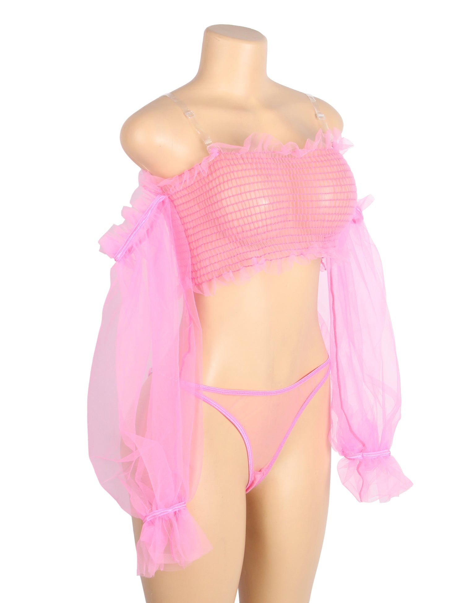 Ensemble de lingerie rose sexy en résille transparente et chaîne métallique à manches longues