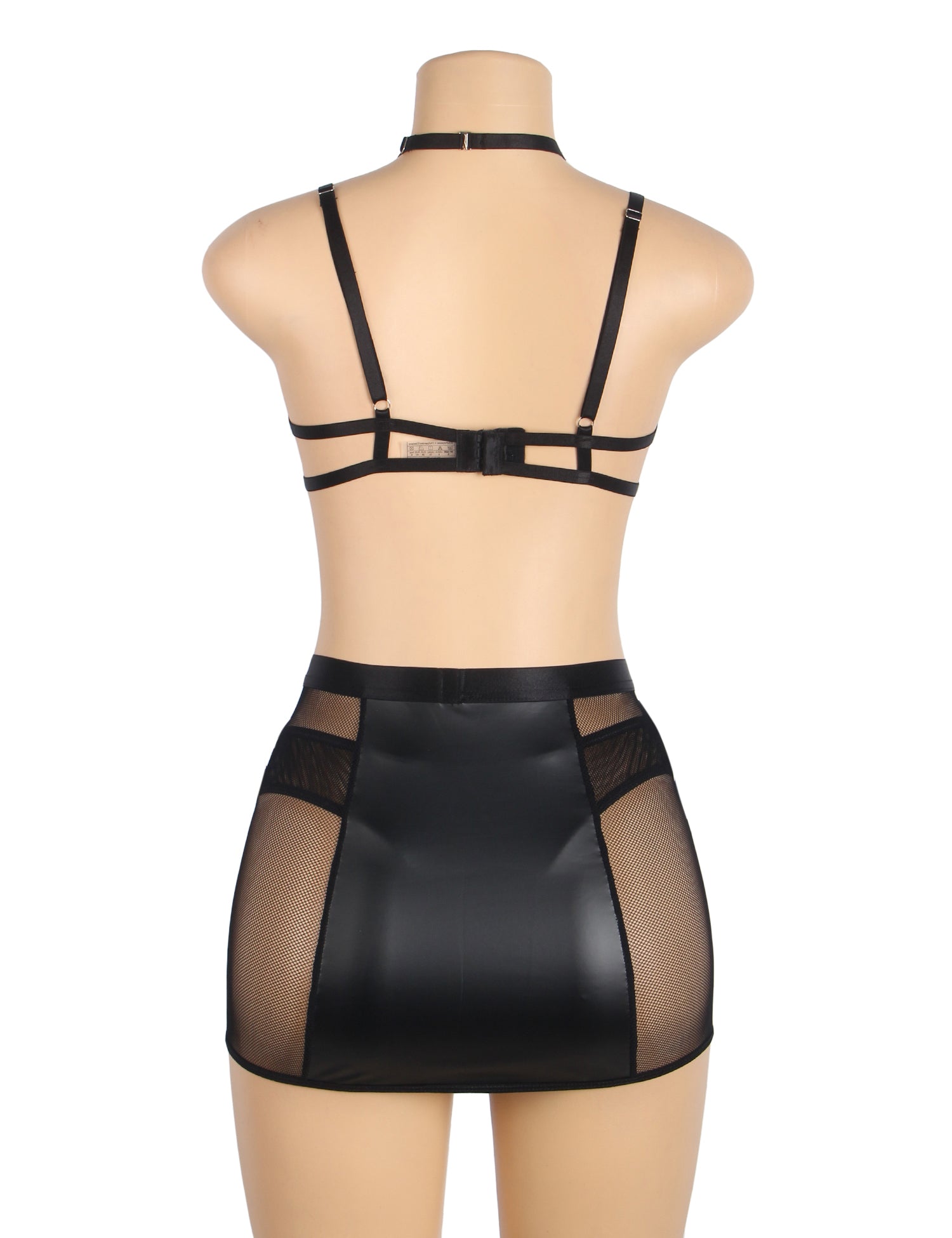 Schwarzes Dessous-Set aus schwarzem PU-Leder-Mesh-Strumpfband und sexy Neckholder