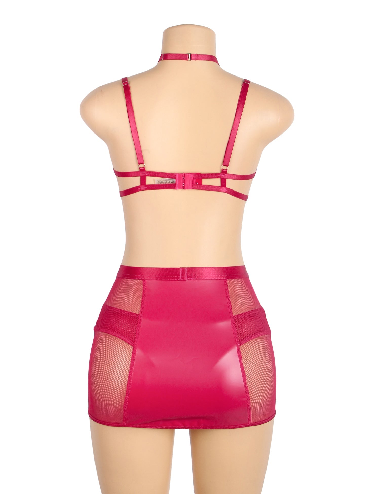 Burgundy PU Leather Mesh Garter Belt Sexy Halter Neck Lingerie Set