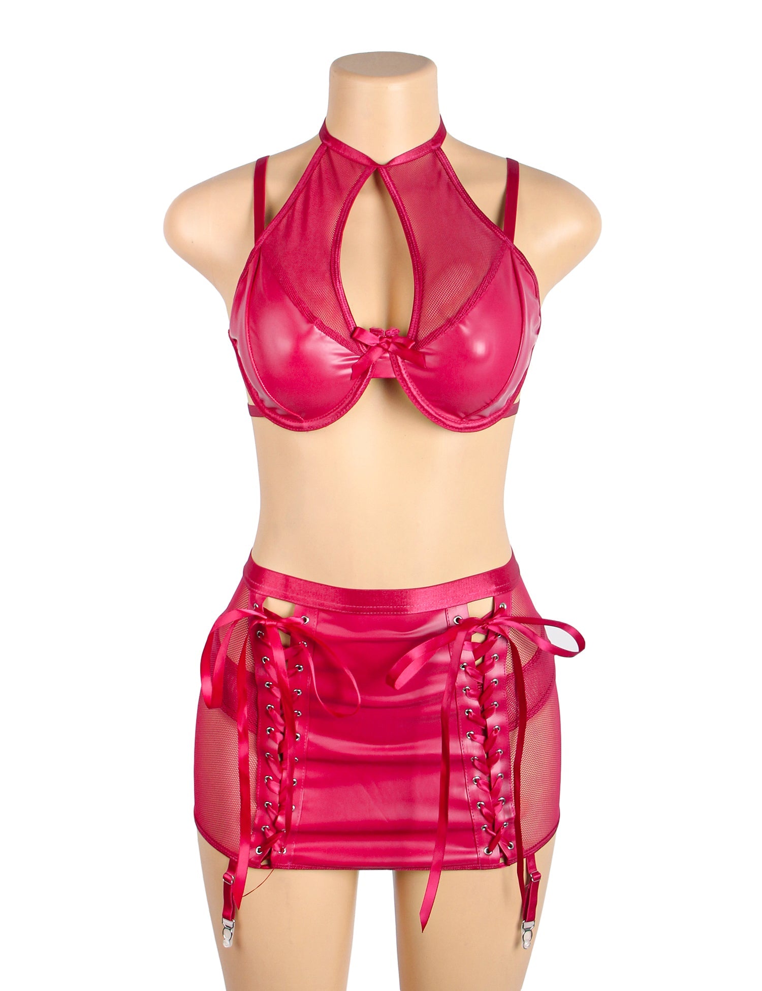 Burgundy PU Leather Mesh Garter Belt Sexy Halter Neck Lingerie Set
