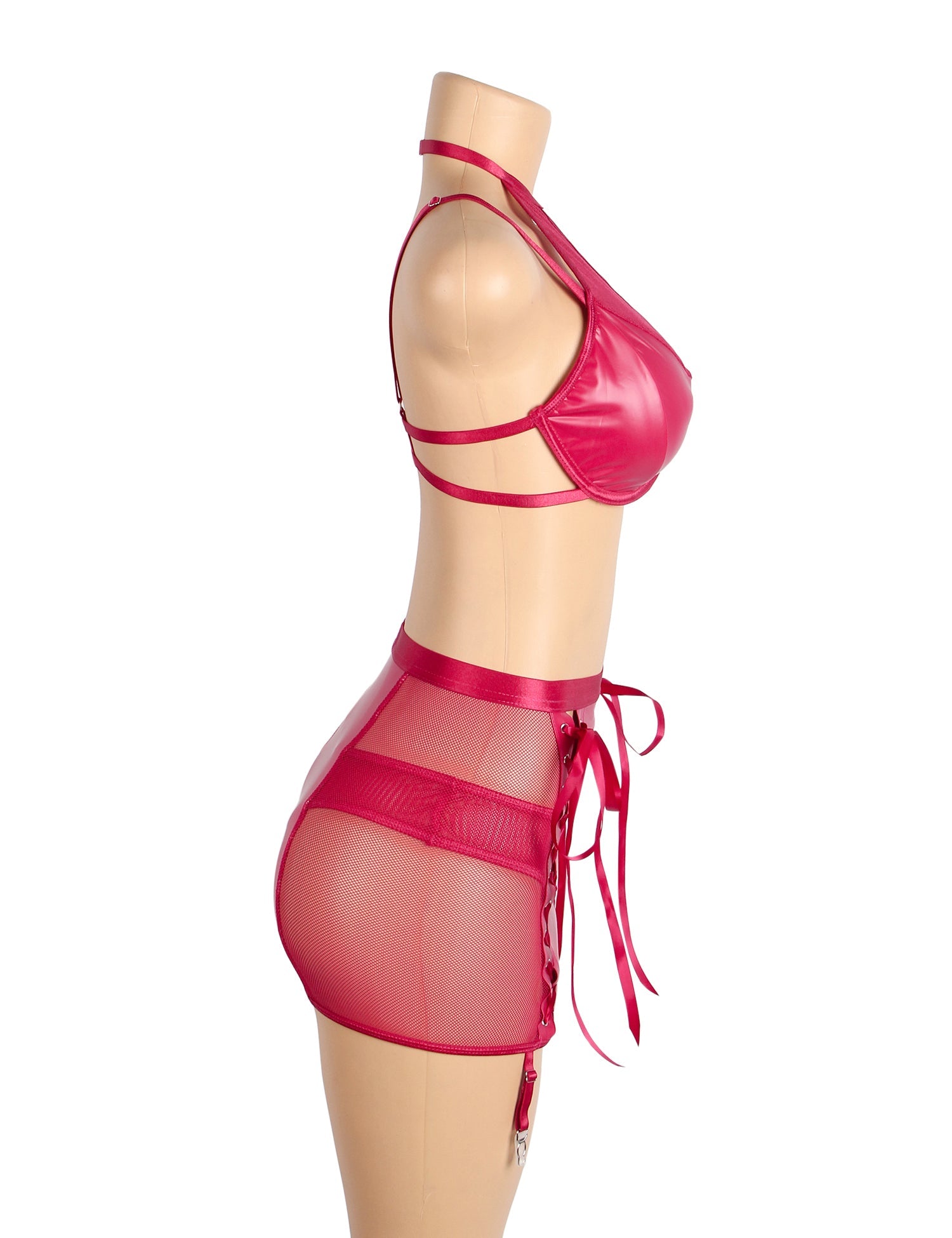 Burgundy PU Leather Mesh Garter Belt Sexy Halter Neck Lingerie Set