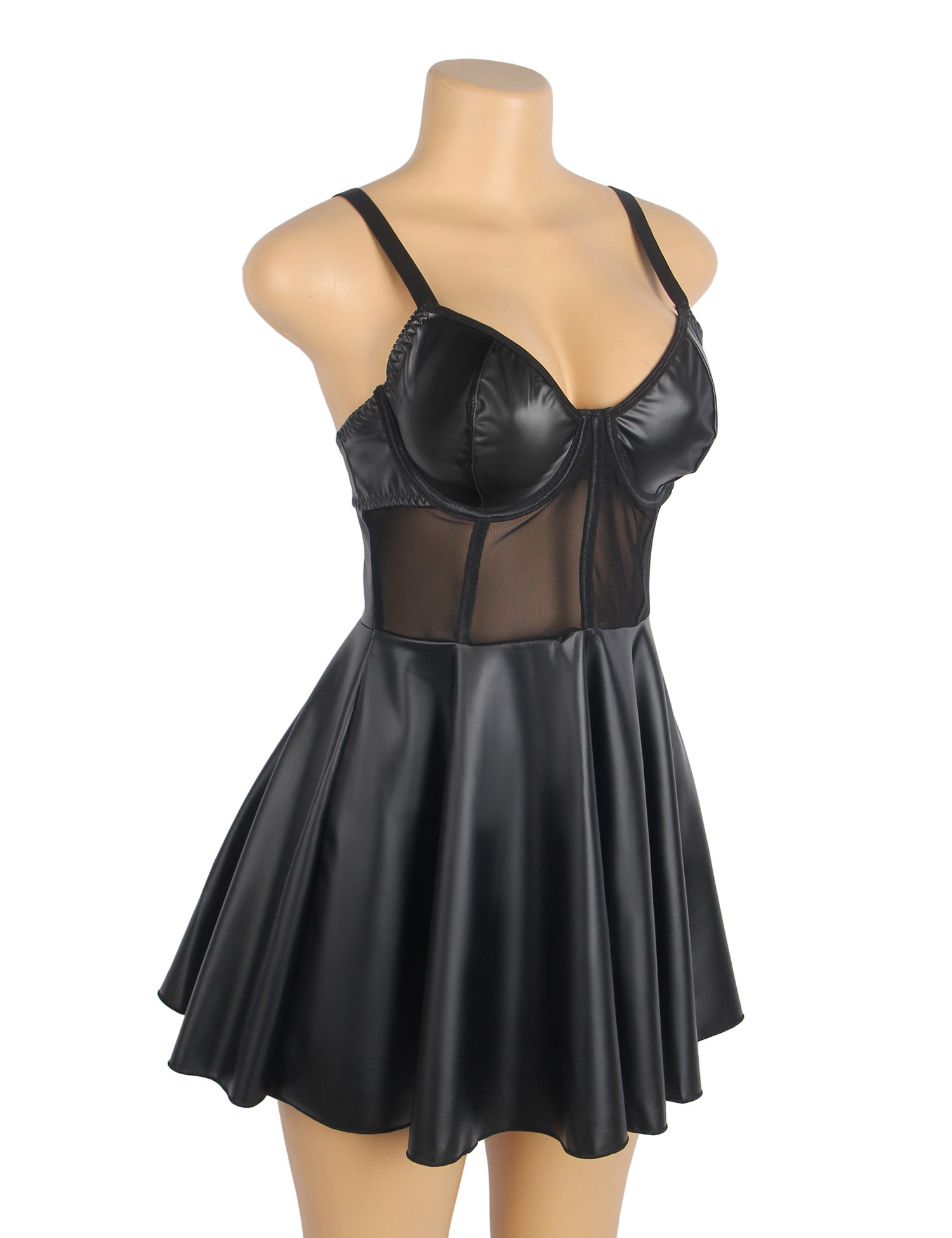 Black PU Leather Mesh Sexy Suspender Leather Nightdress