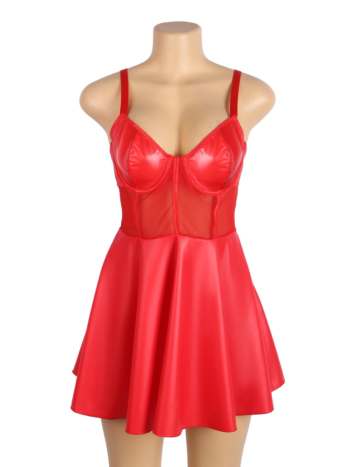 Rotes sexy Nachthemd aus PU-Leder und Mesh mit Trägern