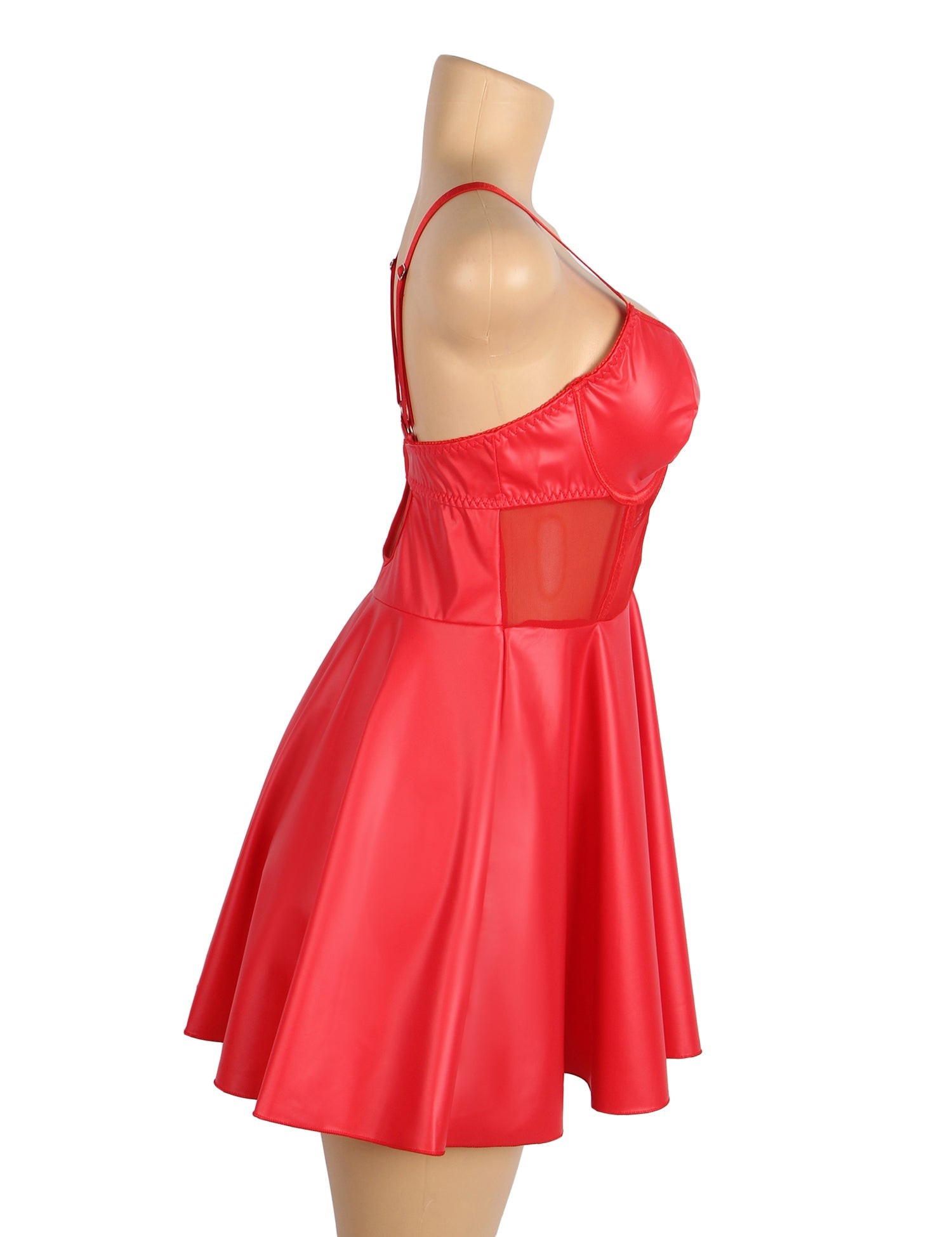 Rotes sexy Nachthemd aus PU-Leder und Mesh mit Trägern