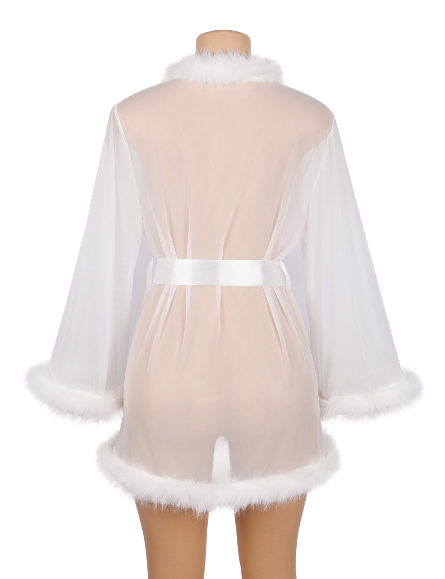 White Sexy Mesh Mink Fur Trim  Short Robe With Belt