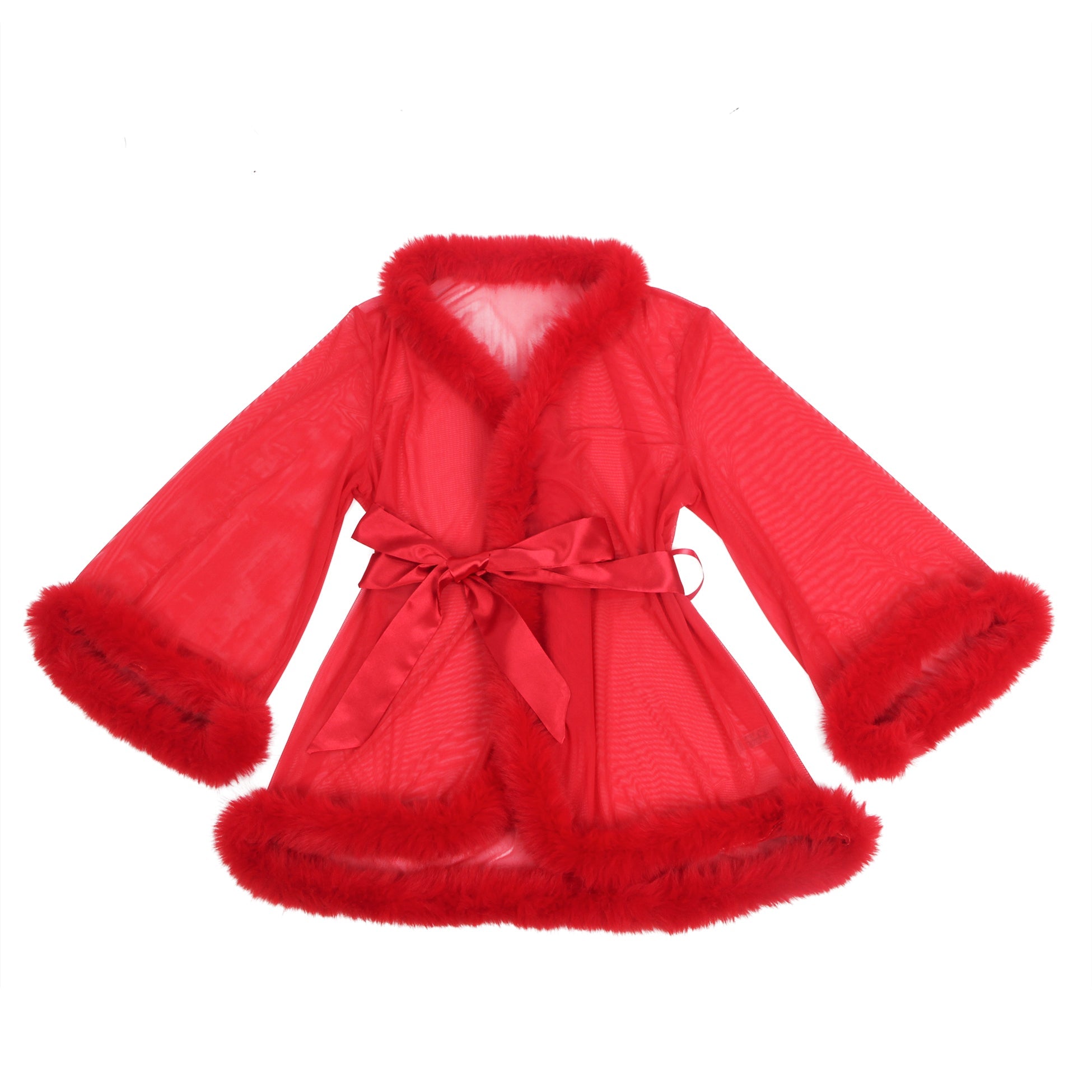 Red Sexy Mesh Mink Fur Trim  Short Robe With Belt