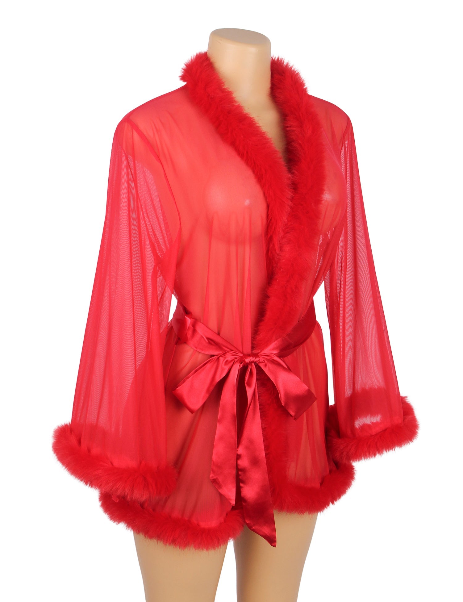 Red Sexy Mesh Mink Fur Trim  Short Robe With Belt