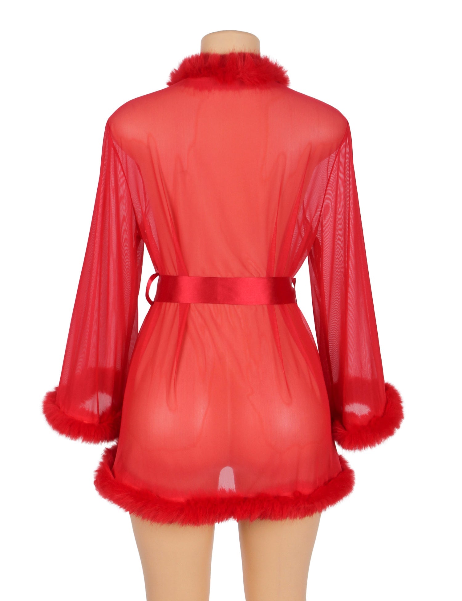Red Sexy Mesh Mink Fur Trim  Short Robe With Belt