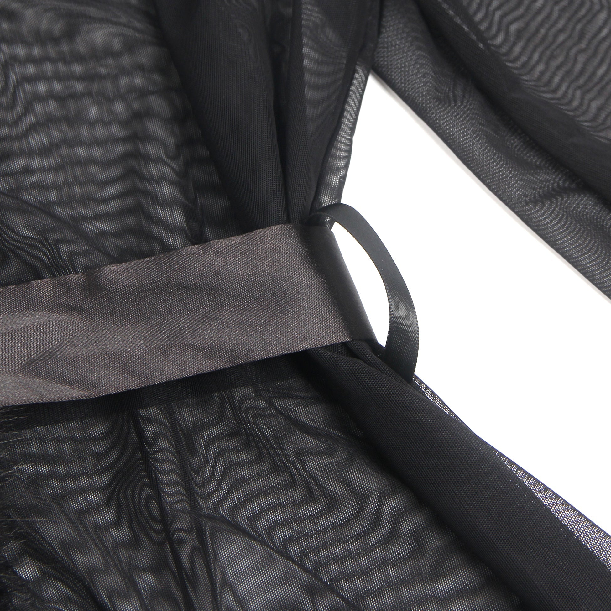 Black Sexy Mesh Mink Fur Trim  Short Robe With Belt