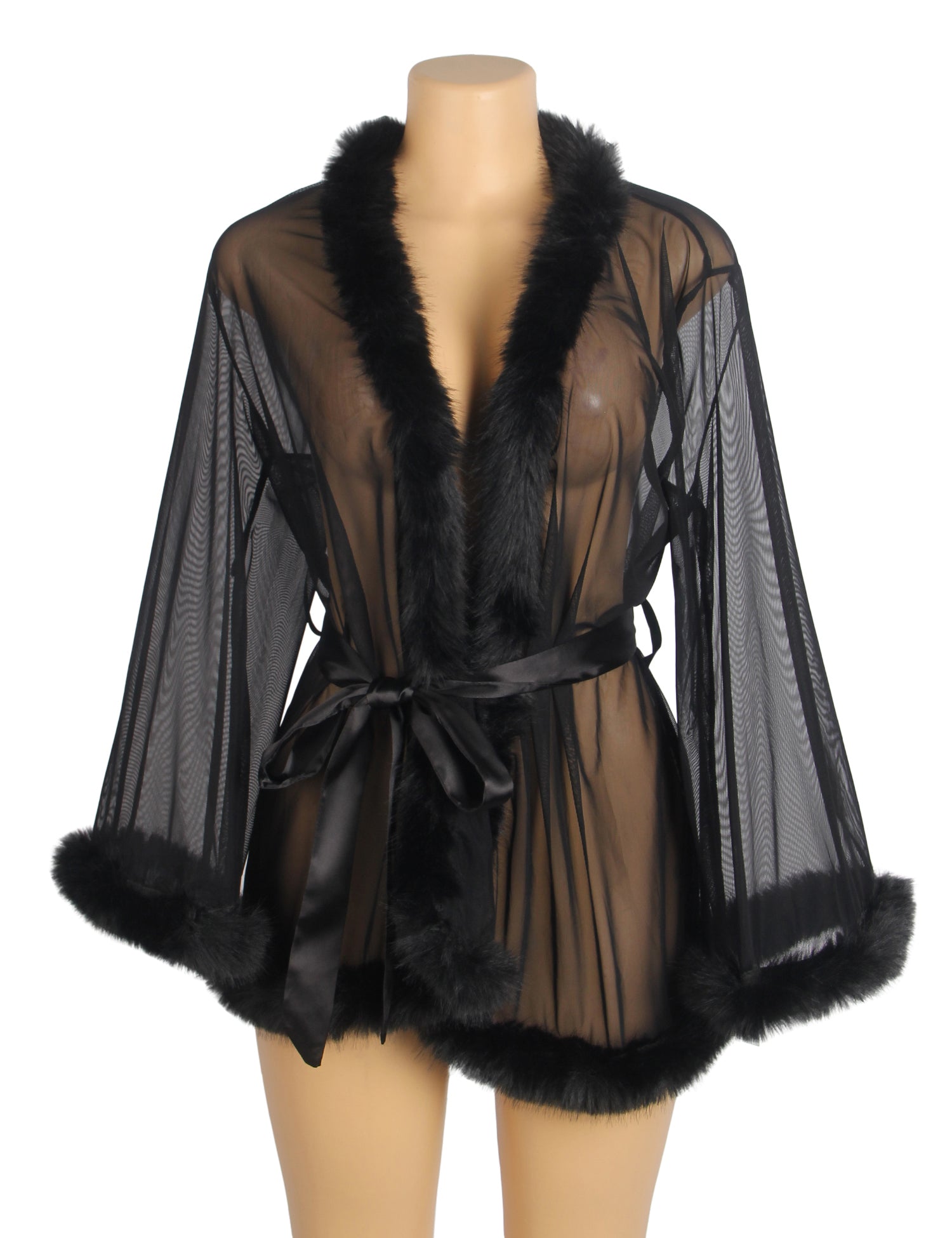Black Sexy Mesh Mink Fur Trim  Short Robe With Belt