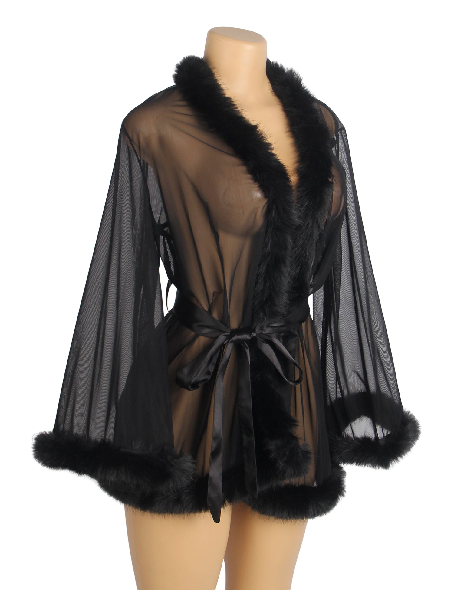 Black Sexy Mesh Mink Fur Trim  Short Robe With Belt