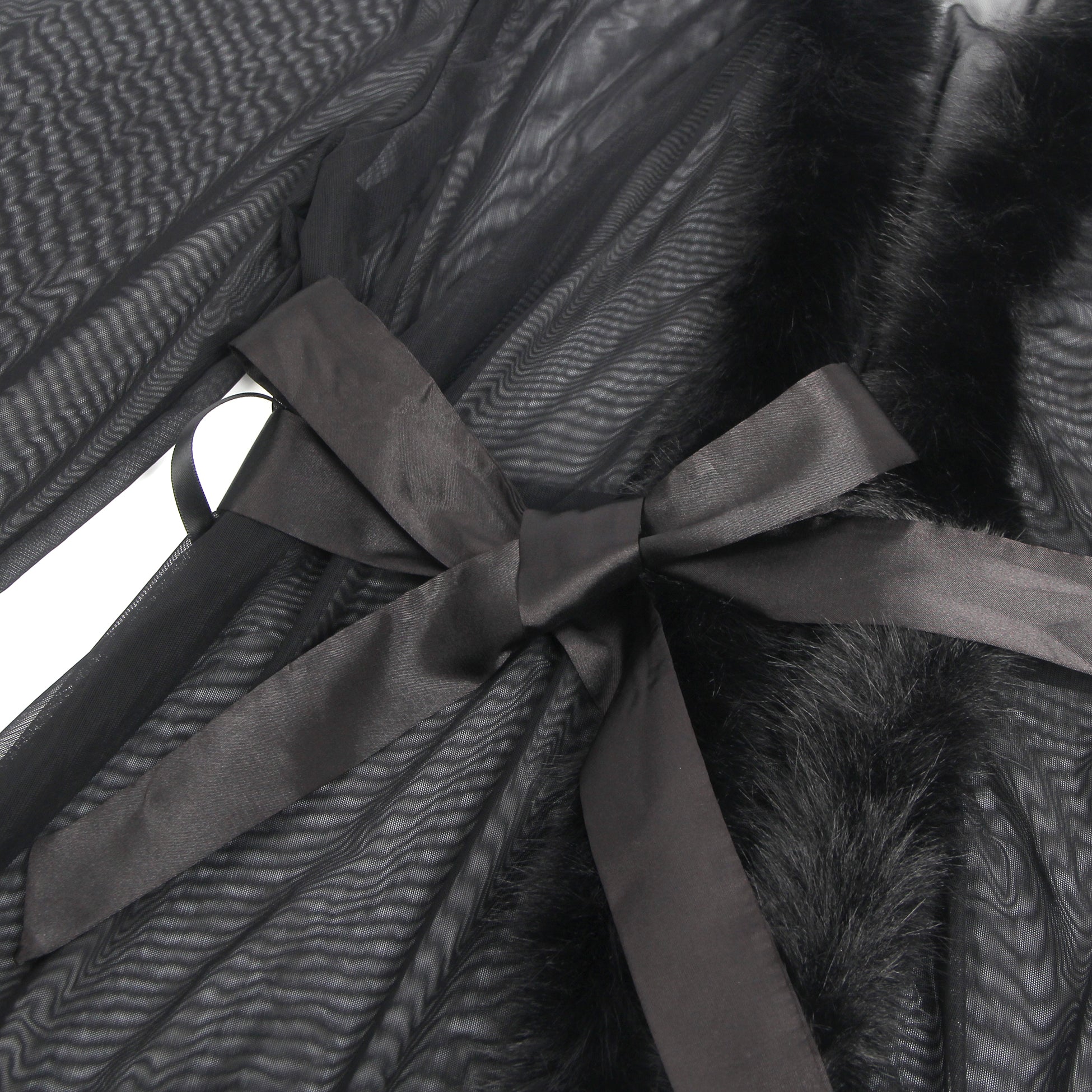 Black Sexy Mesh Mink Fur Trim  Short Robe With Belt