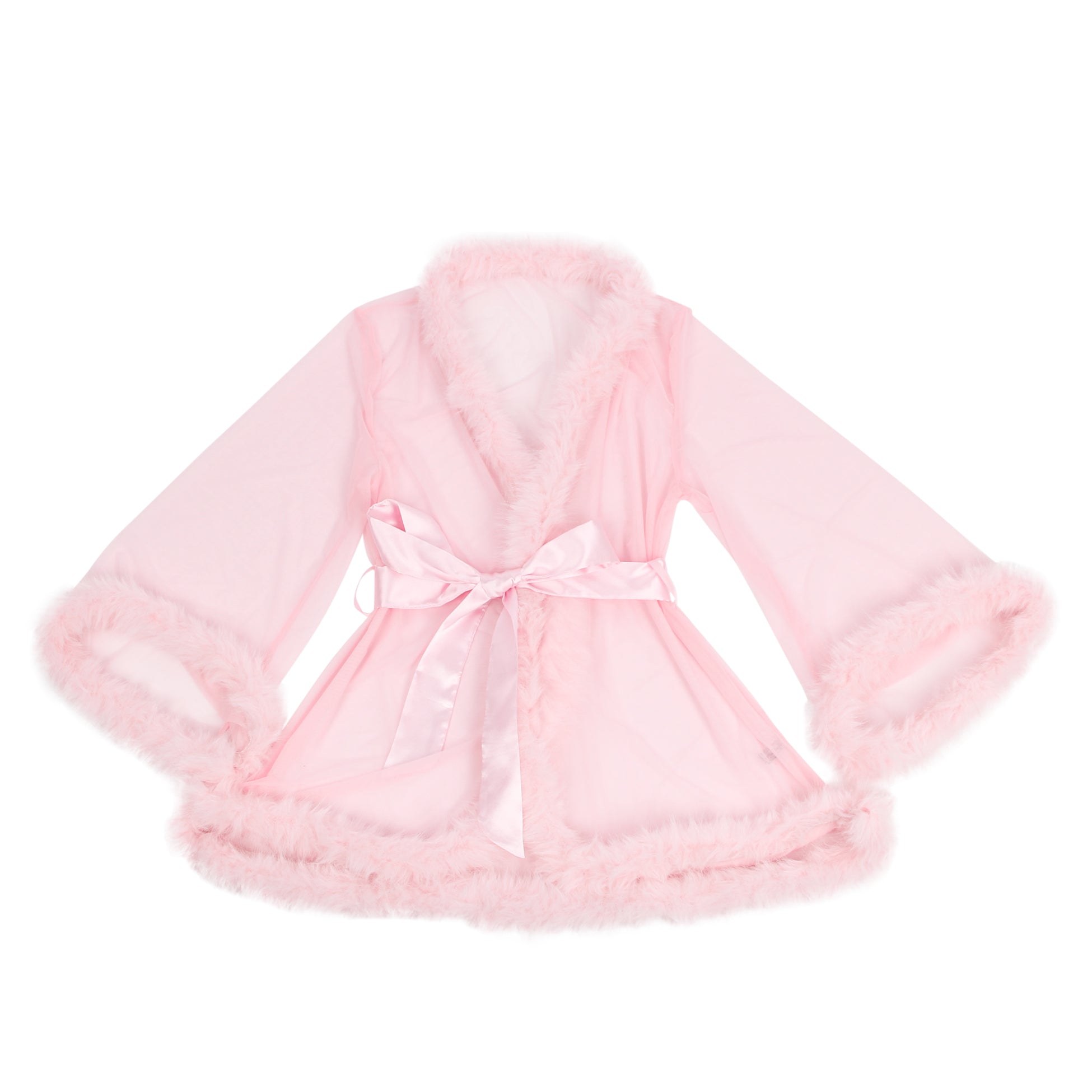 Pink Sexy Mesh Mink Fur Trim  Short Robe With Belt
