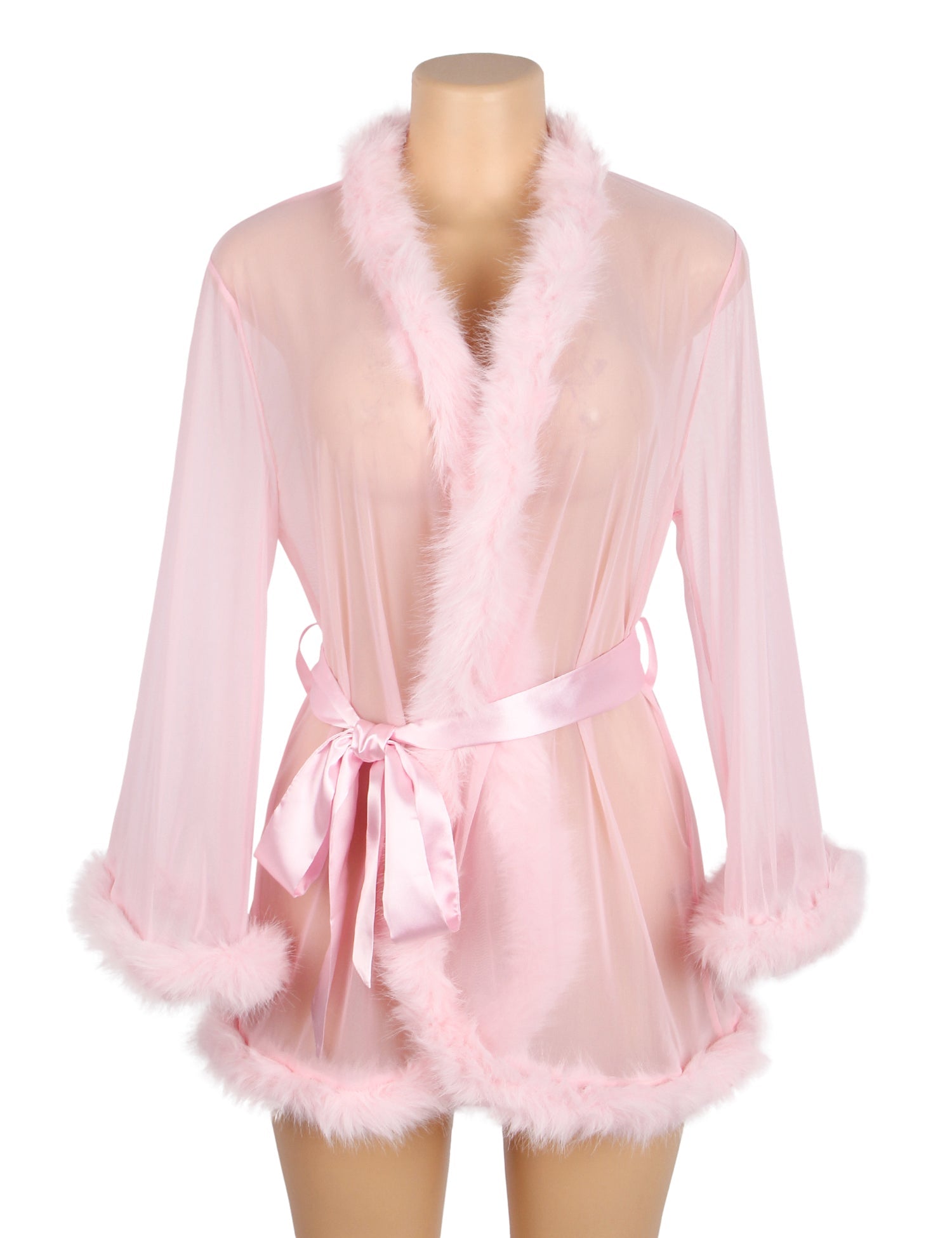 Pink Sexy Mesh Mink Fur Trim  Short Robe With Belt