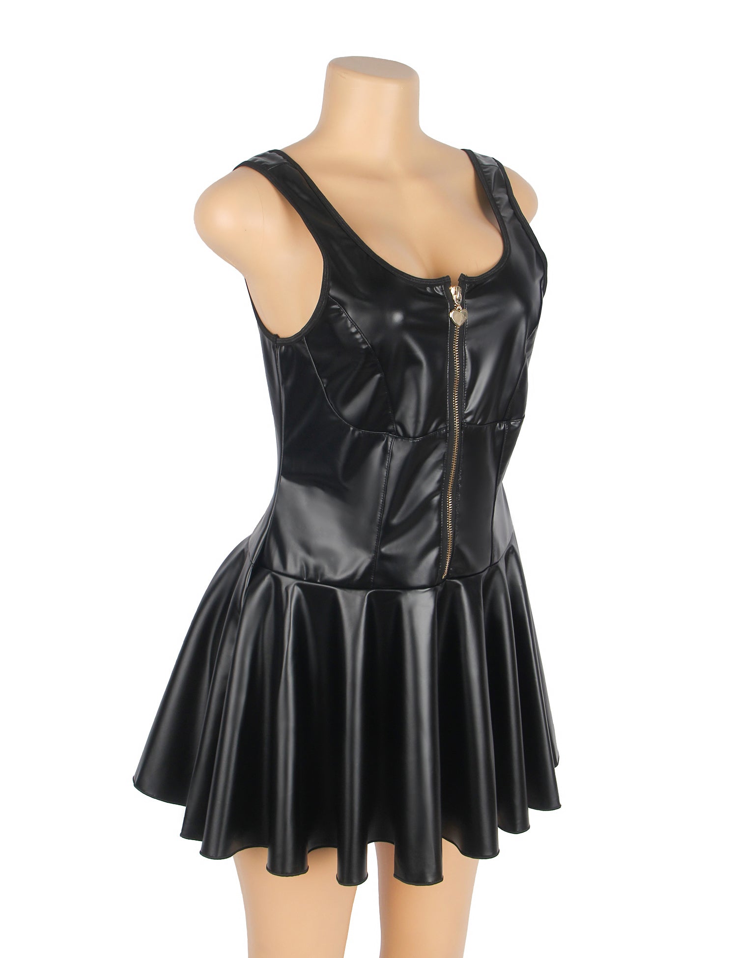 Sexy Nachthemd aus schwarzem PU-Leder mit breiten Schulterträgern und Herzreißverschluss