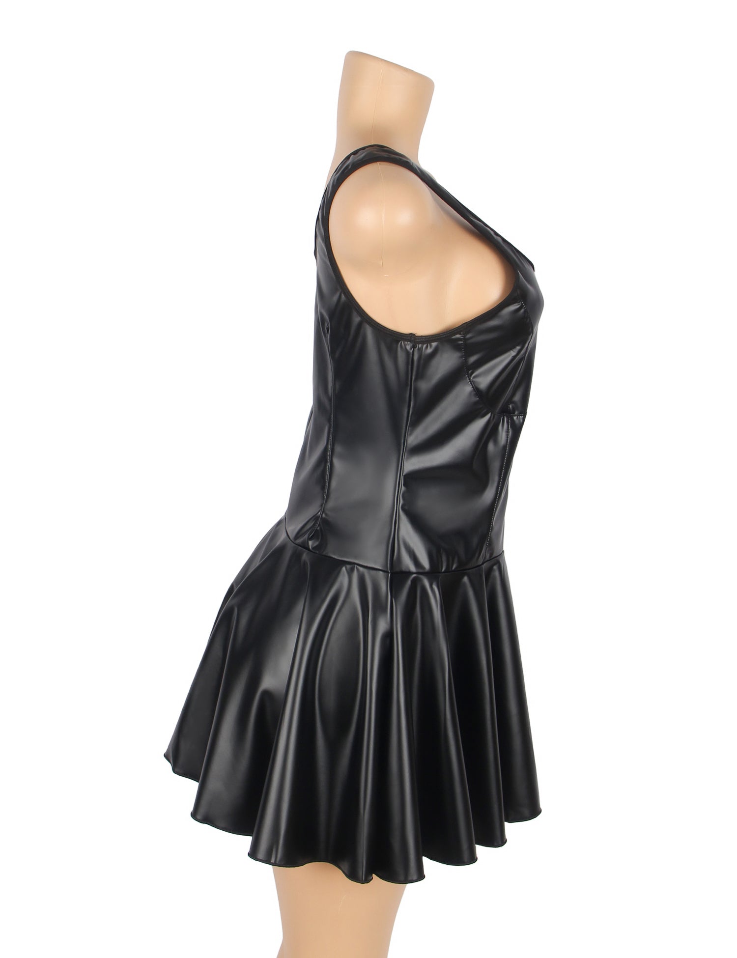 Sexy Nachthemd aus schwarzem PU-Leder mit breiten Schulterträgern und Herzreißverschluss