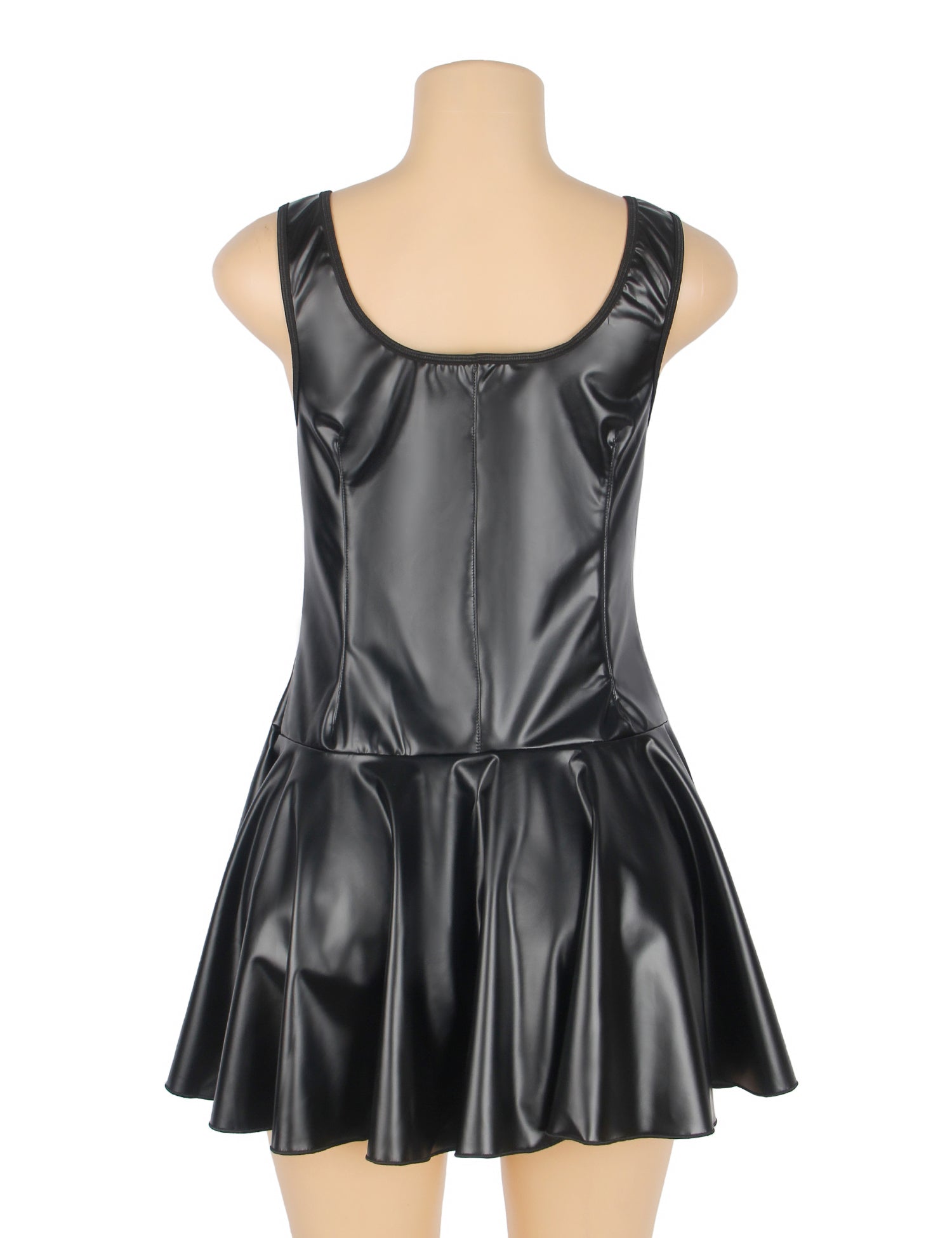 Sexy Nachthemd aus schwarzem PU-Leder mit breiten Schulterträgern und Herzreißverschluss