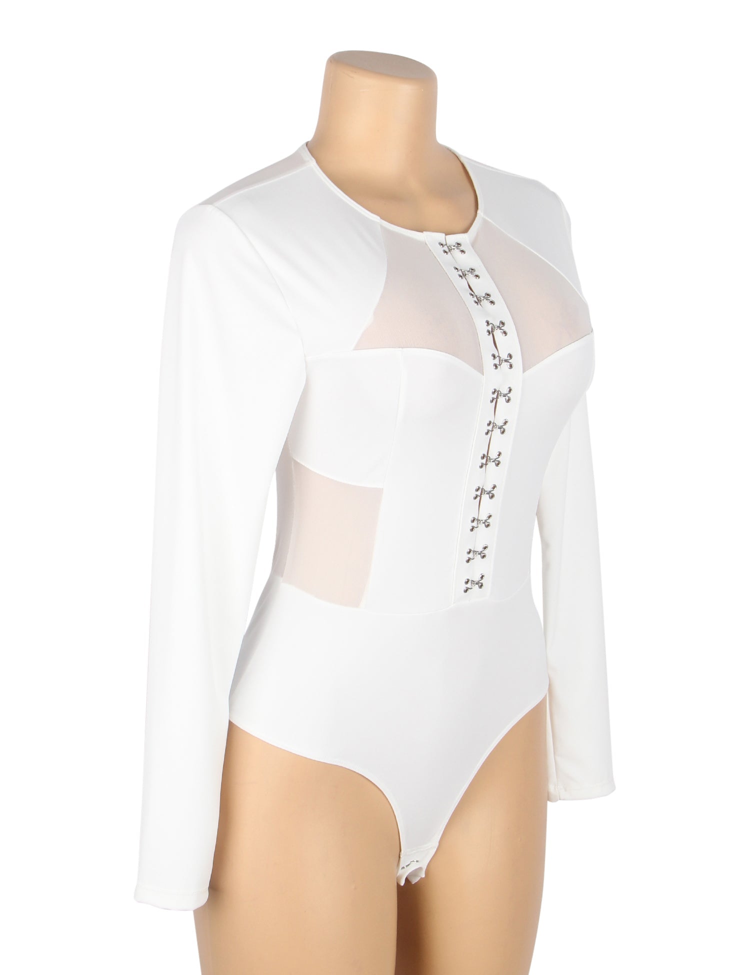Weißer, sexy Badeanzug aus Stoff und Mesh mit langen Ärmeln und offenem Schritt