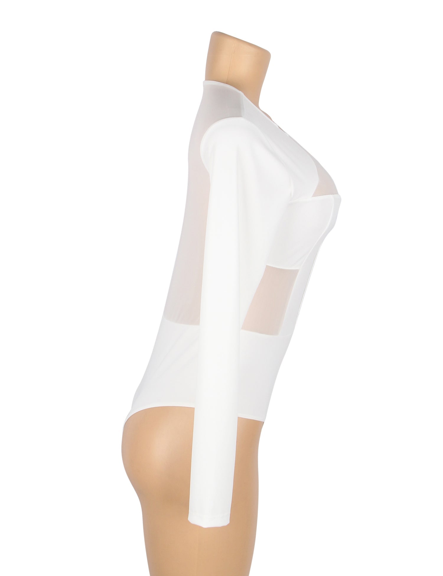 Weißer, sexy Badeanzug aus Stoff und Mesh mit langen Ärmeln und offenem Schritt