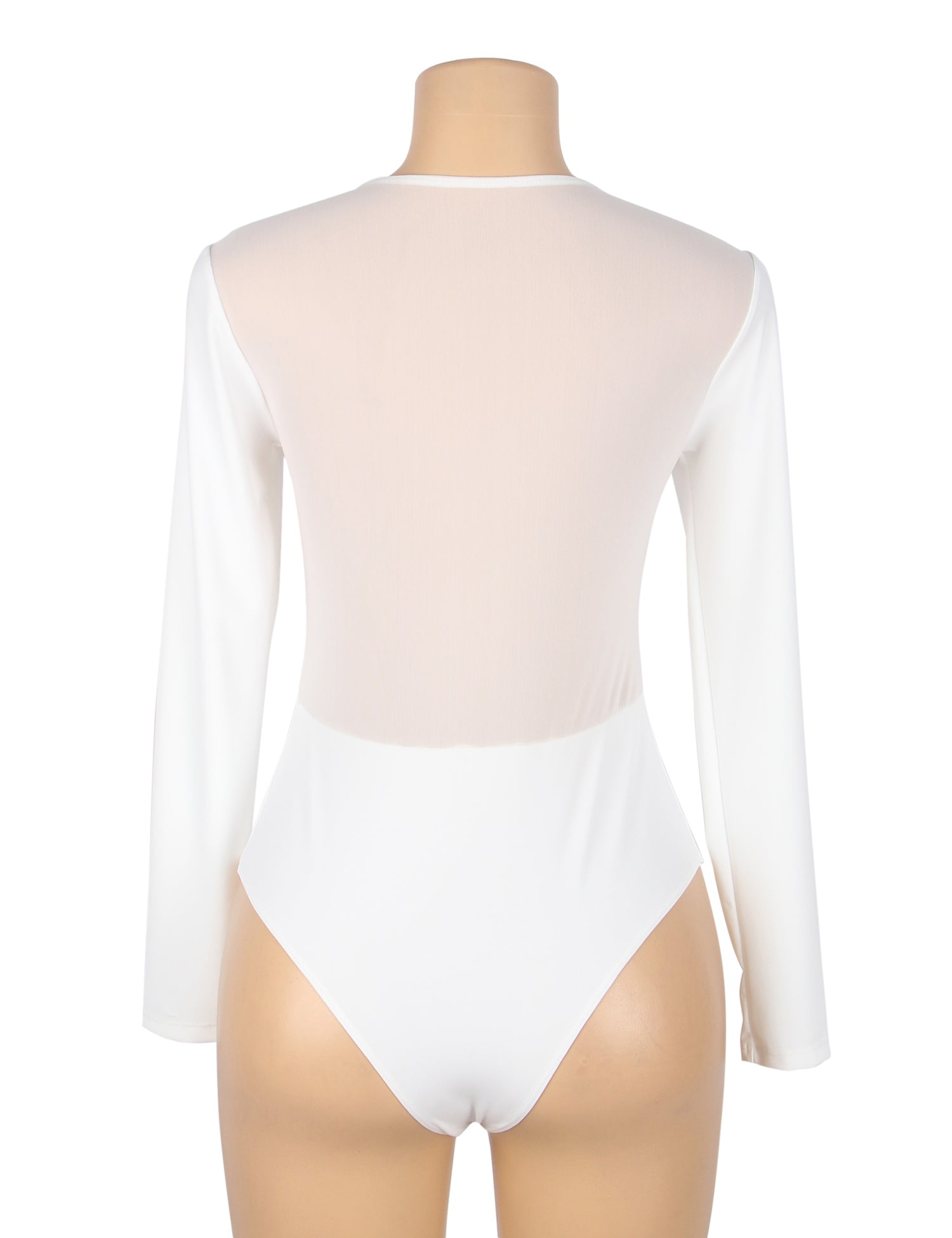 Weißer, sexy Badeanzug aus Stoff und Mesh mit langen Ärmeln und offenem Schritt