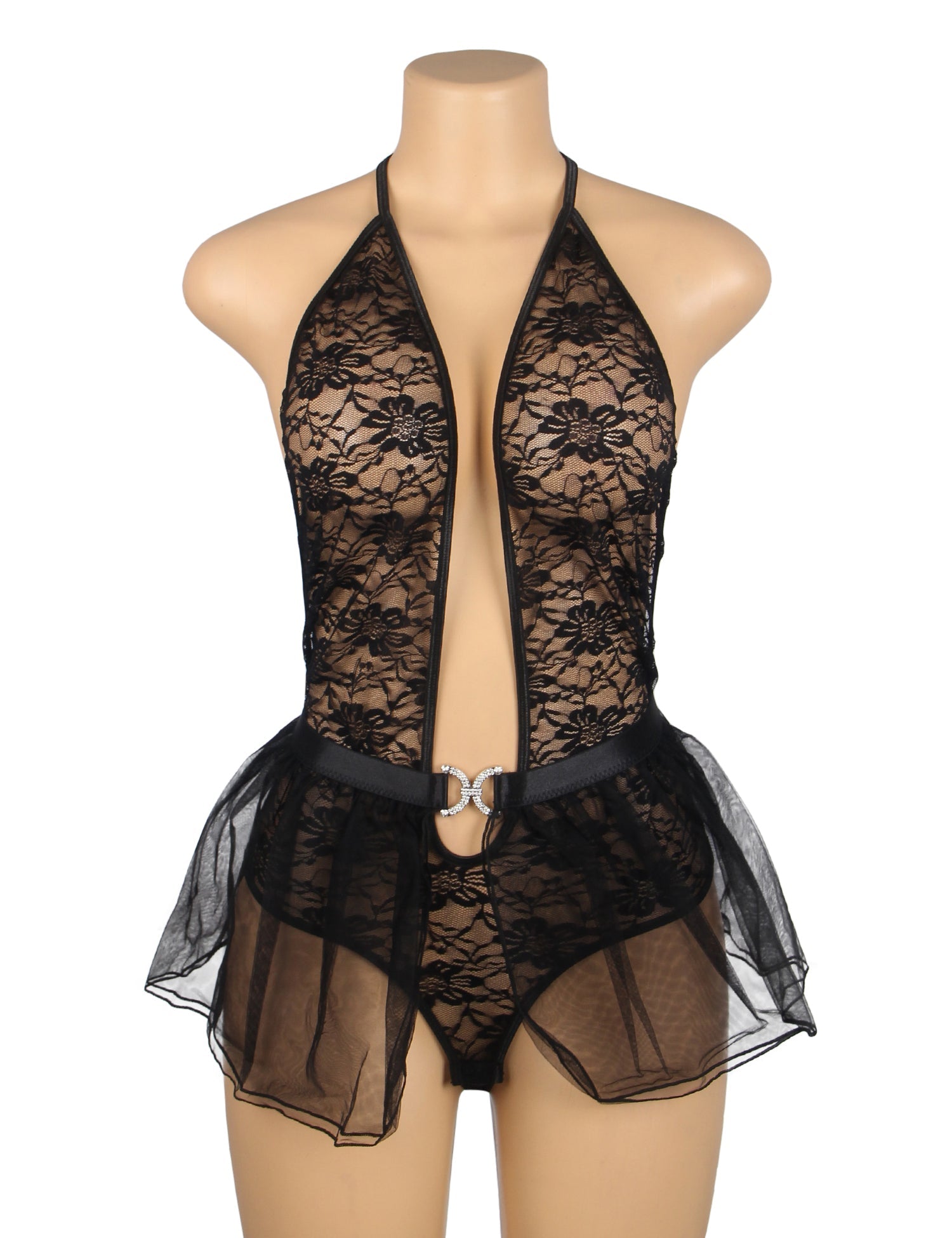 Schwarzes, sexy Neckholder-Teddy-Dessous-Set aus Spitze und Mesh mit offenem Schritt, 2-teilig