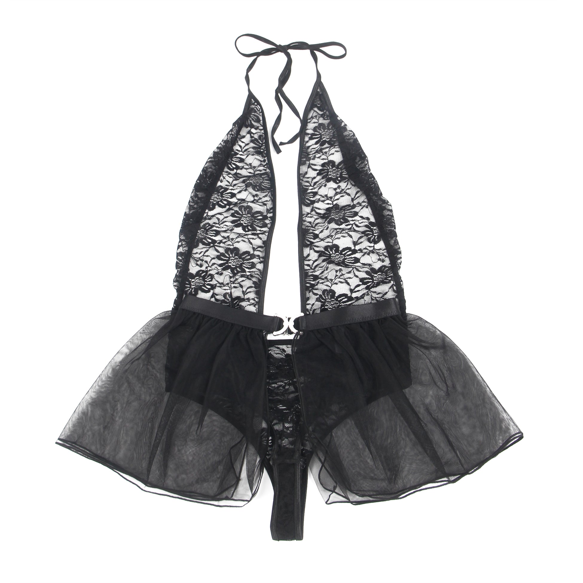 Schwarzes, sexy Neckholder-Teddy-Dessous-Set aus Spitze und Mesh mit offenem Schritt, 2-teilig