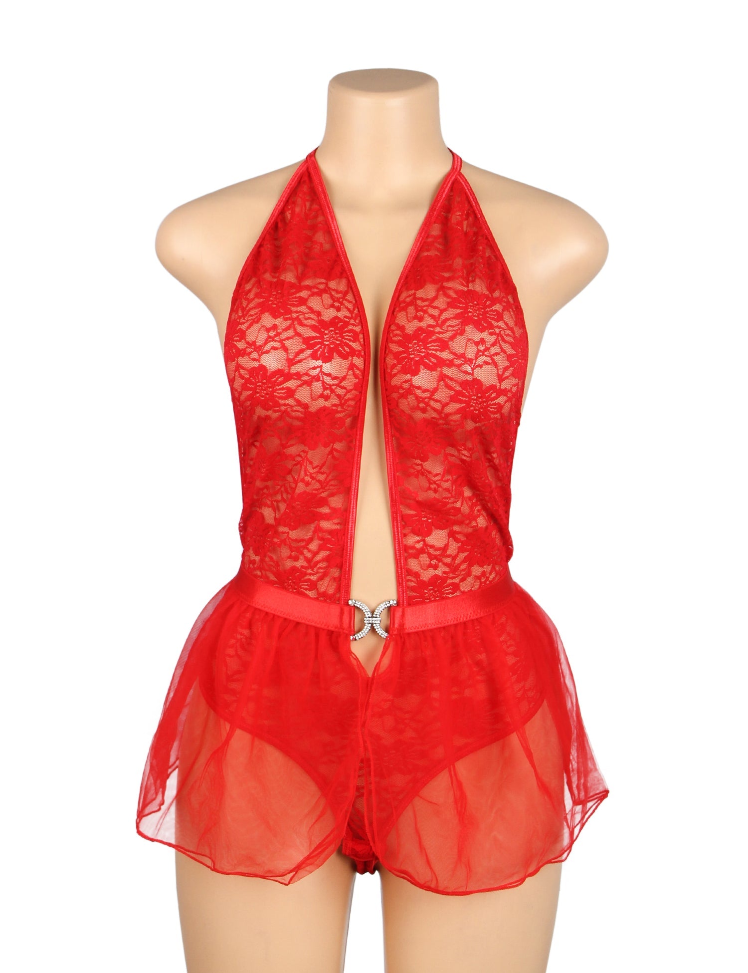 Ensemble de lingerie 2 pièces : nuisette rouge sexy en dentelle et résille, col halter et entrejambe ouverte