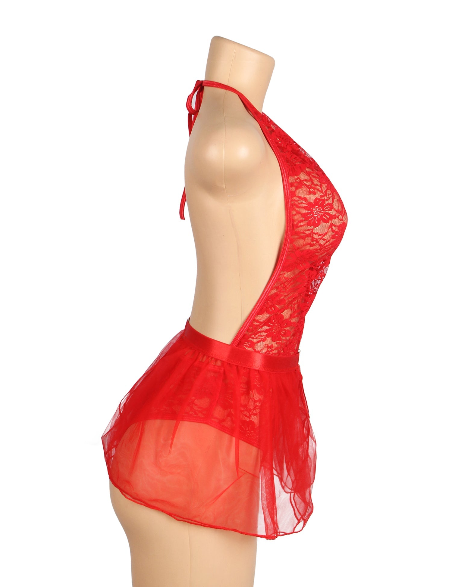 Ensemble de lingerie 2 pièces : nuisette rouge sexy en dentelle et résille, col halter et entrejambe ouverte