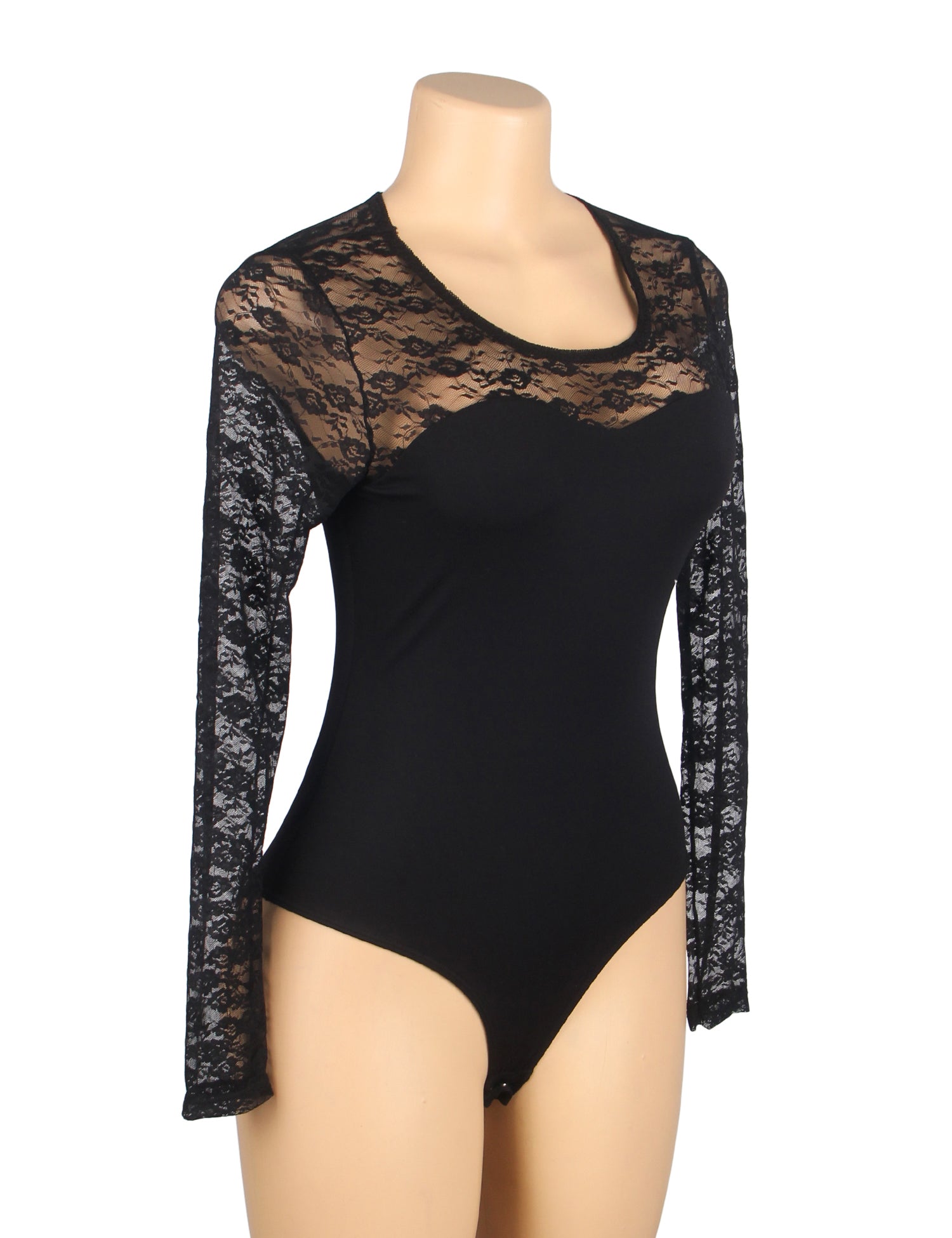 Body de bain noir sexy en dentelle, manches longues et entrejambe ouverte