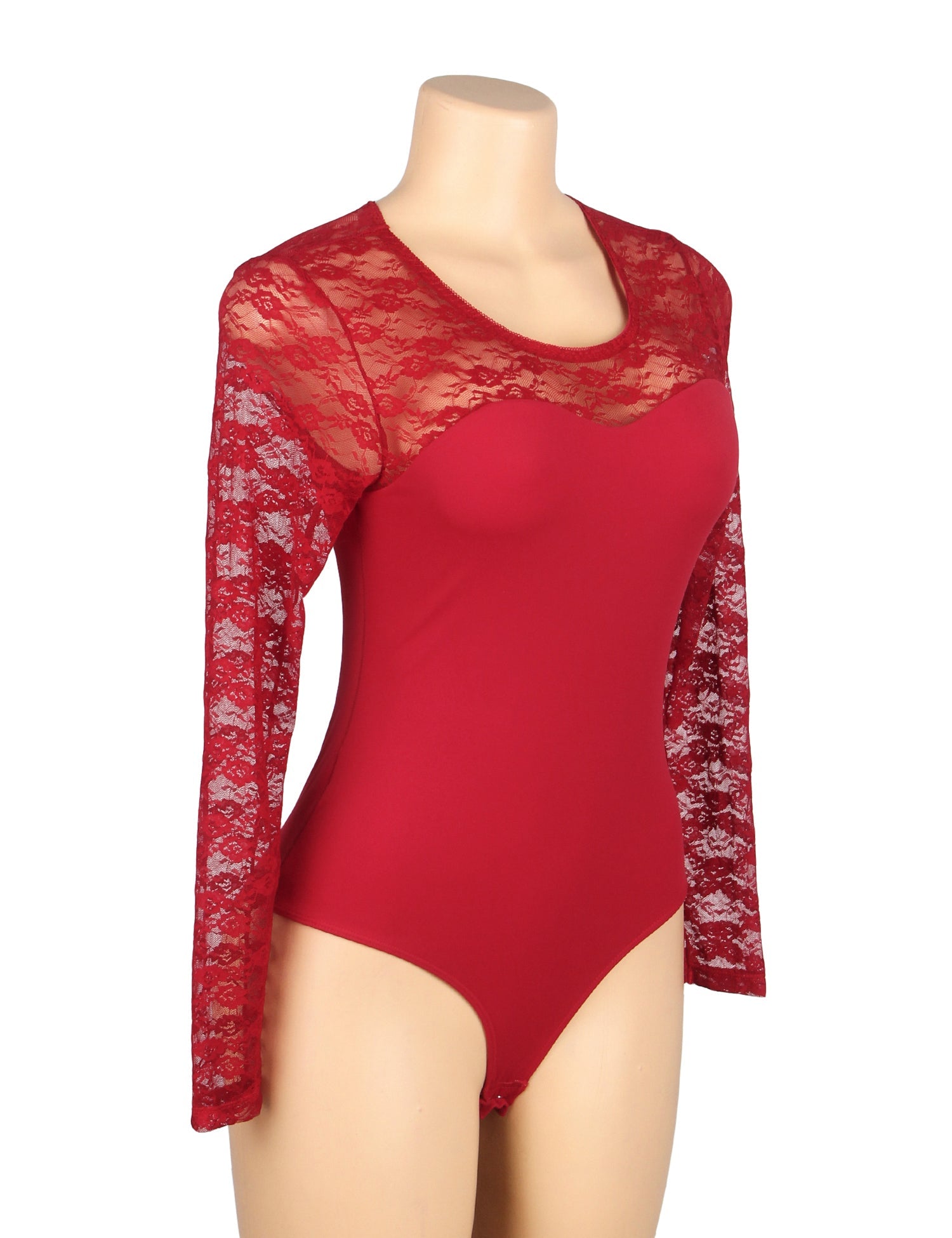 body bordeaux sexy en dentelle à manches longues et entrejambe ouverte