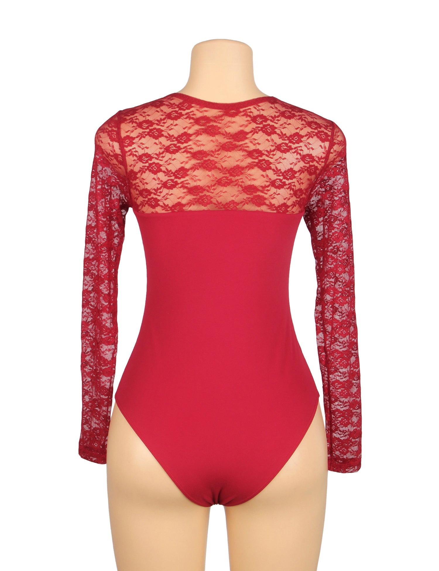 body bordeaux sexy en dentelle à manches longues et entrejambe ouverte