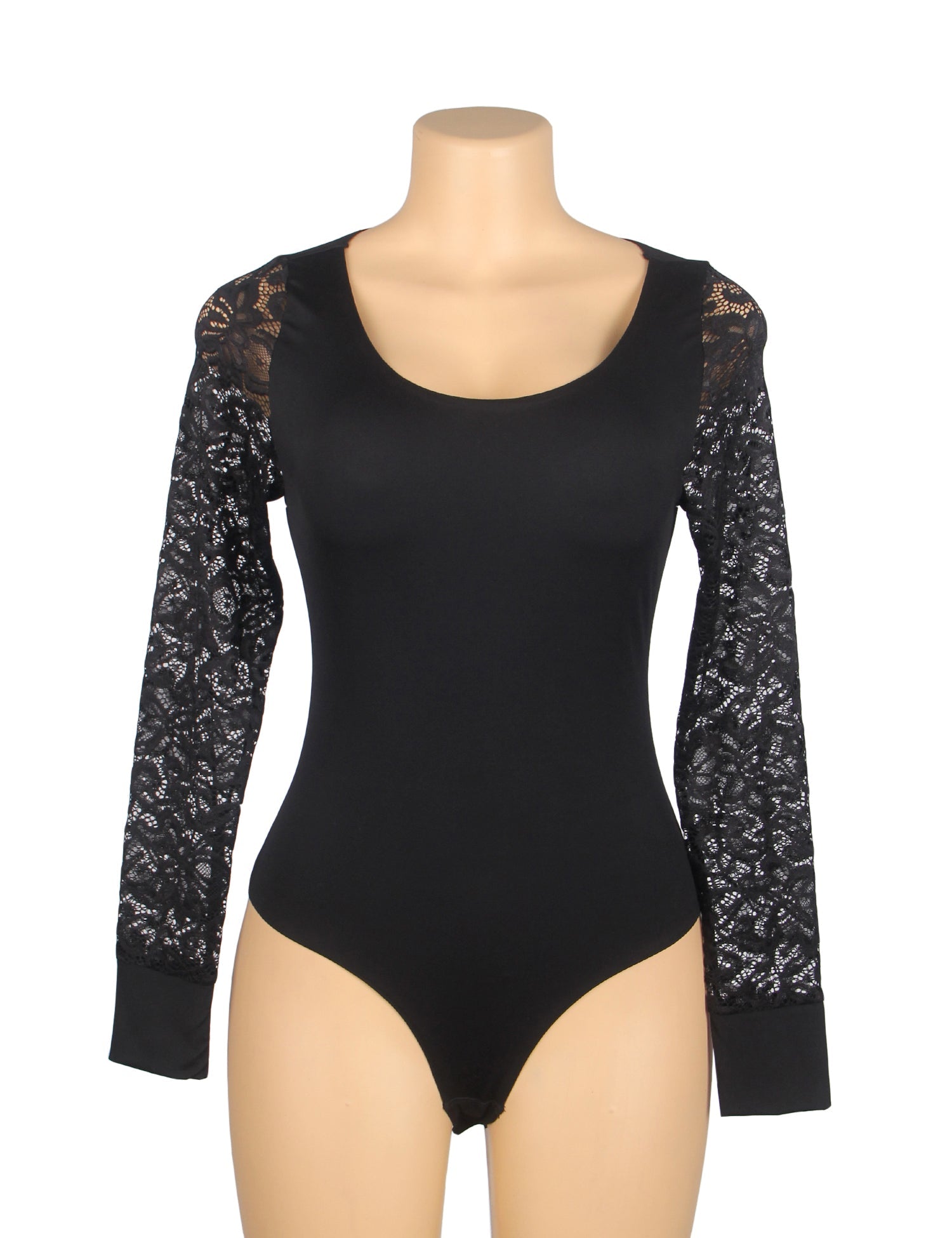body de bain noir sexy en dentelle, manches longues, col rond et entrejambe ouverte