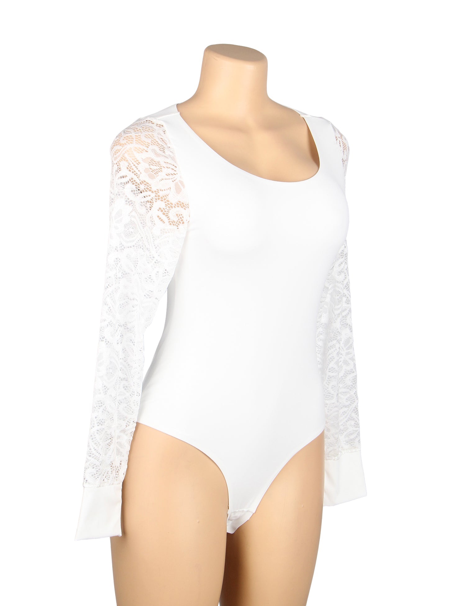 Weißer, sexy Badeanzug aus Spitzenstoff mit Ärmeln, Rundhalsausschnitt und offenem Schritt