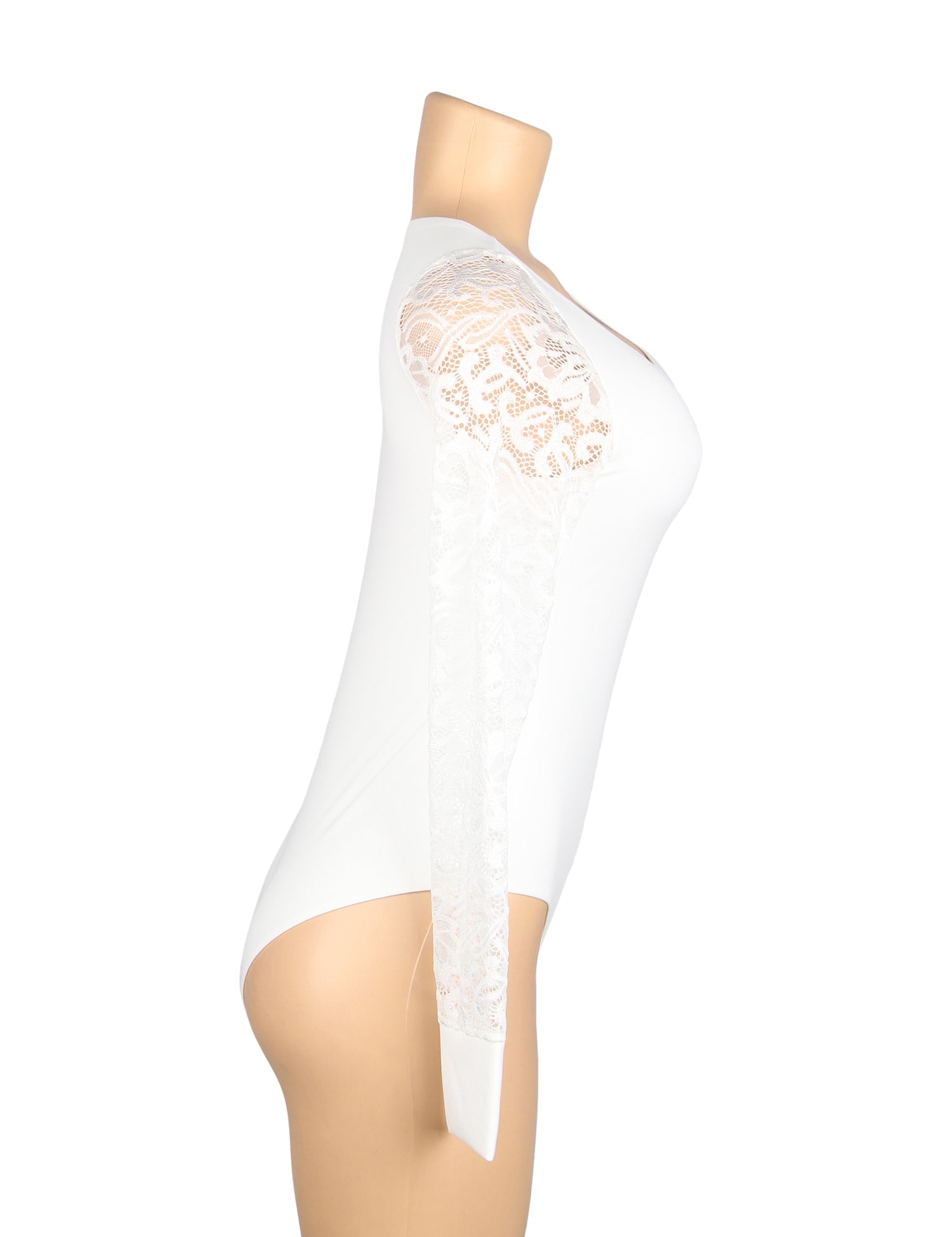 Weißer, sexy Badeanzug aus Spitzenstoff mit Ärmeln, Rundhalsausschnitt und offenem Schritt