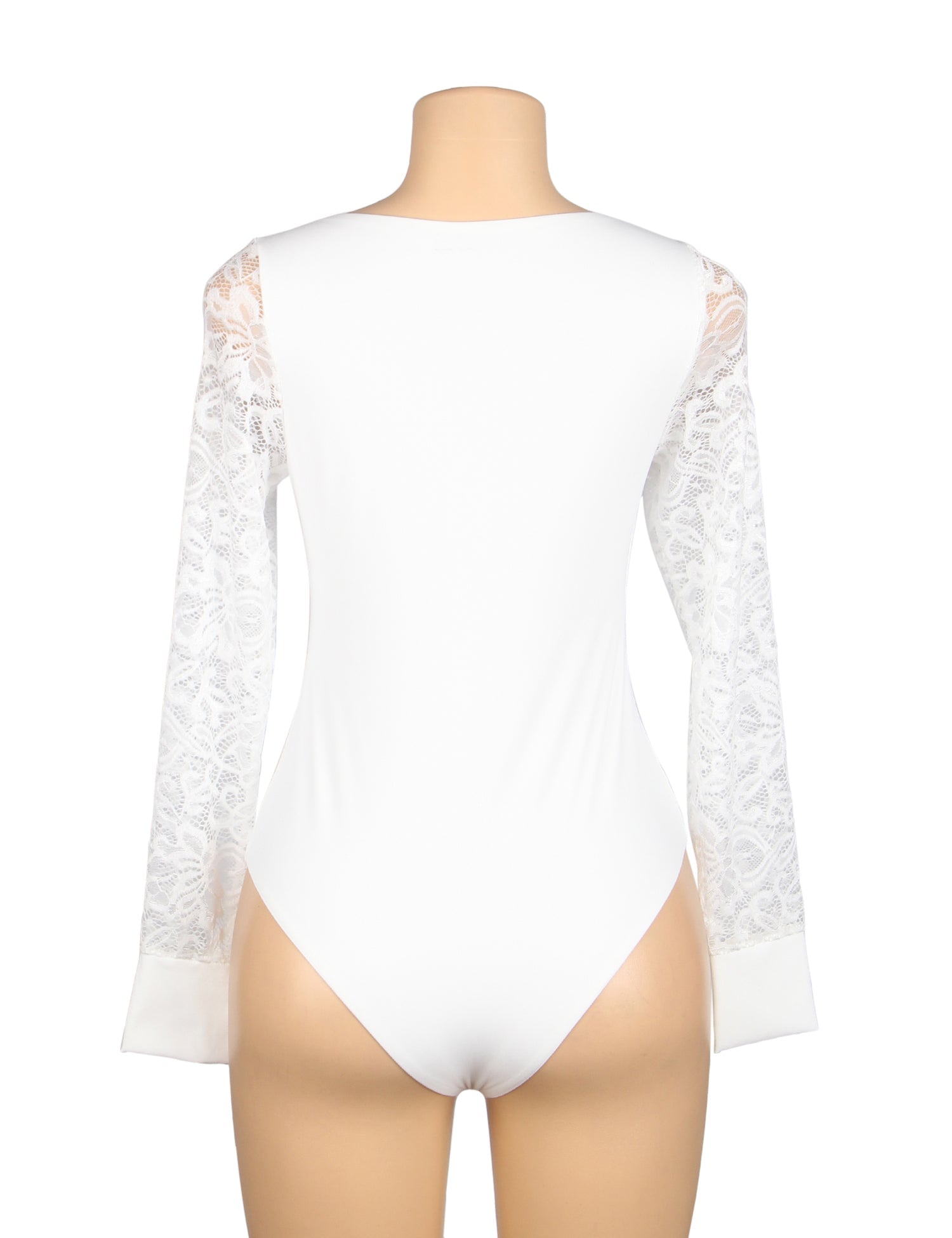 Weißer, sexy Badeanzug aus Spitzenstoff mit Ärmeln, Rundhalsausschnitt und offenem Schritt