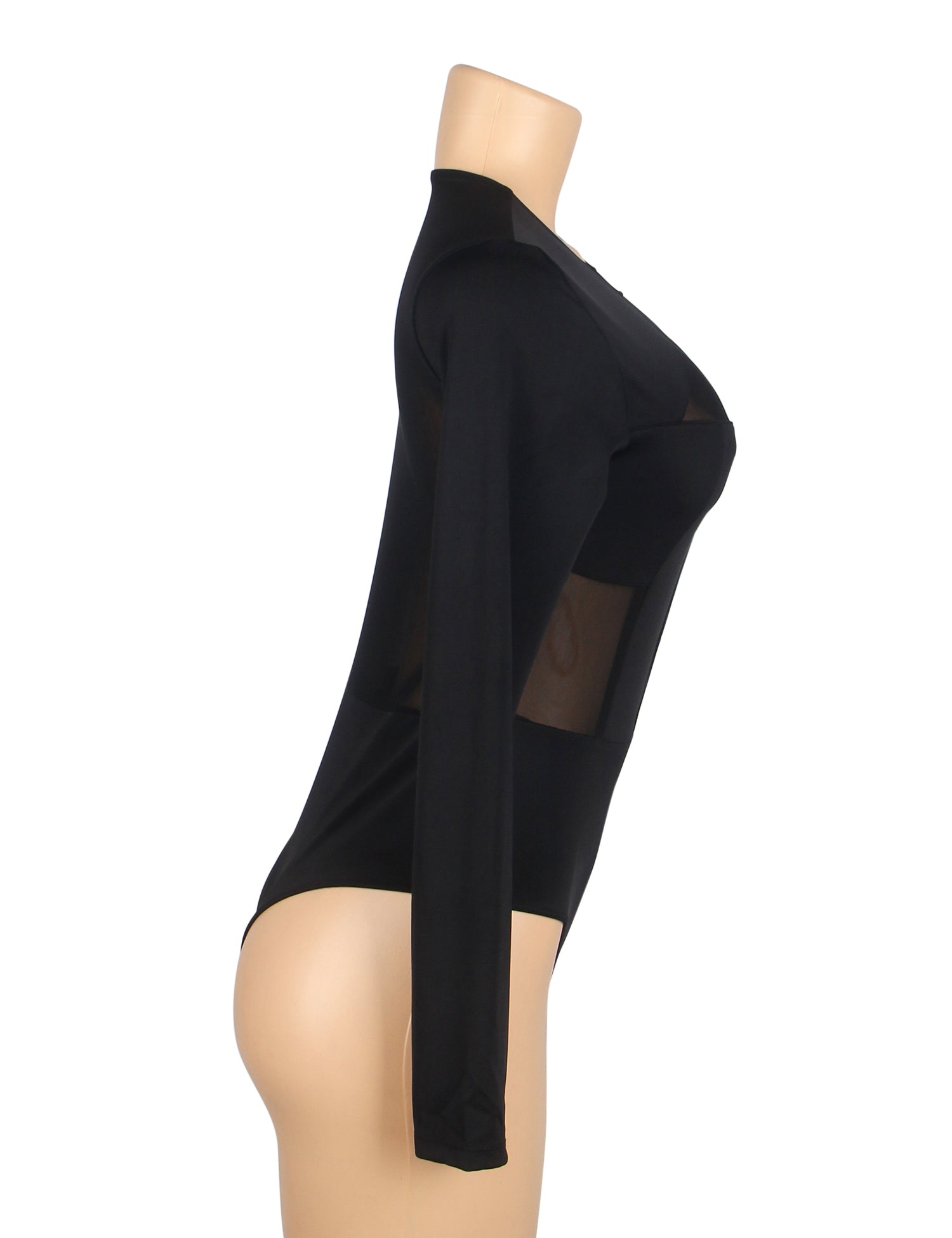 body de bain noir sexy en tissu et résille, manches longues, entrejambe ouverte