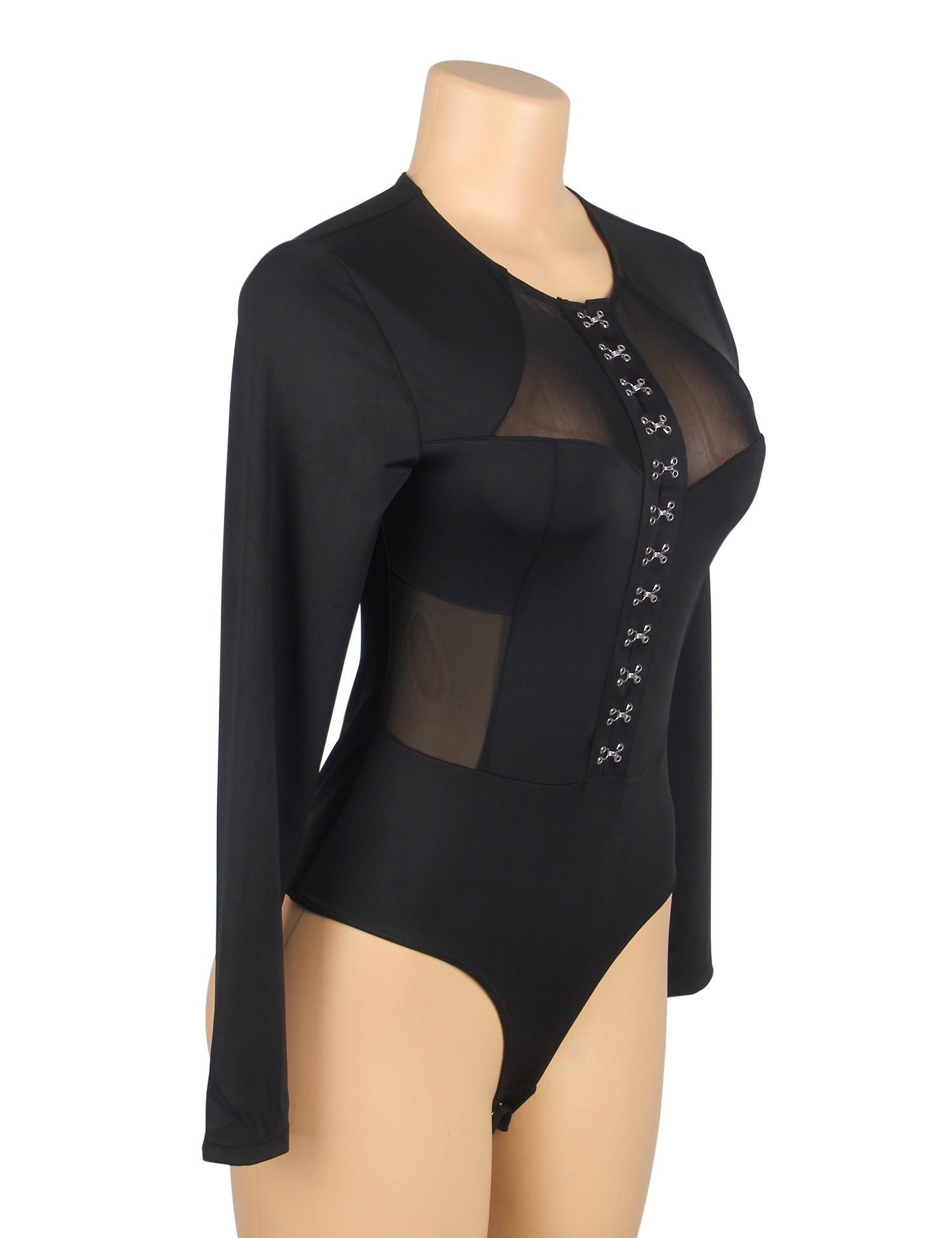 body de bain noir sexy en tissu et résille, manches longues, entrejambe ouverte