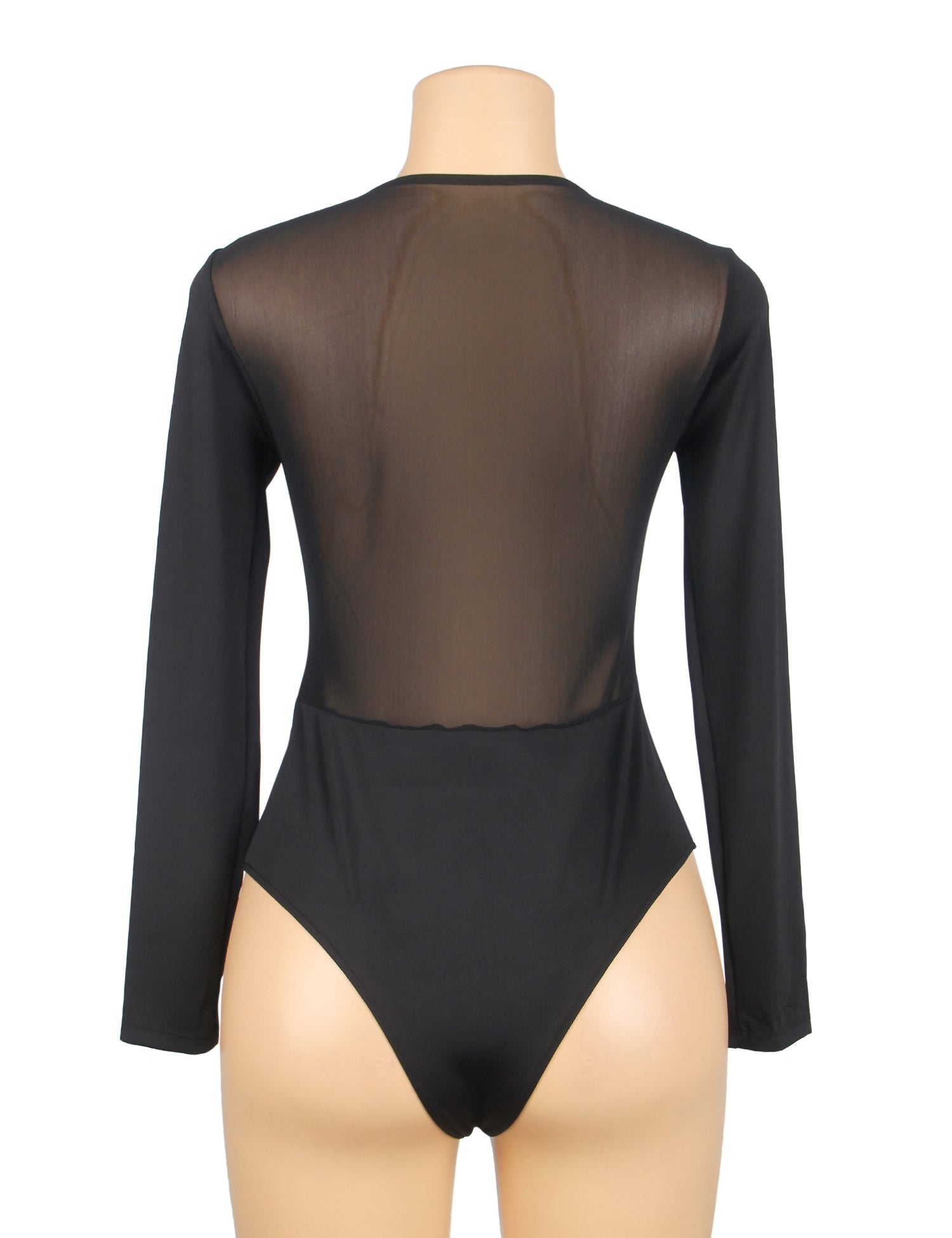 body de bain noir sexy en tissu et résille, manches longues, entrejambe ouverte