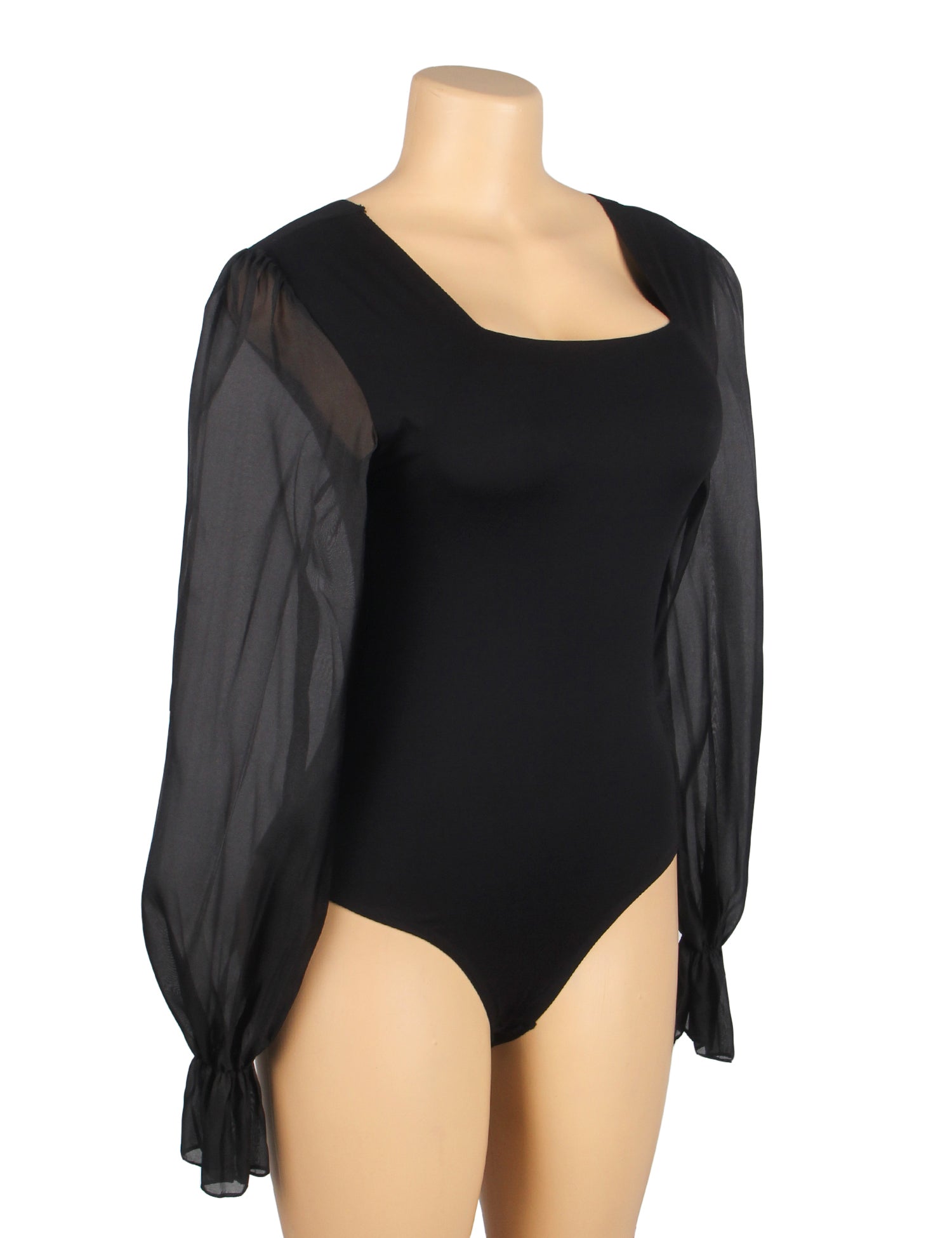 Black Sexy Swim Cloth Chiffon Puff Sleeves Square Neck Open Crotch Bodysuit