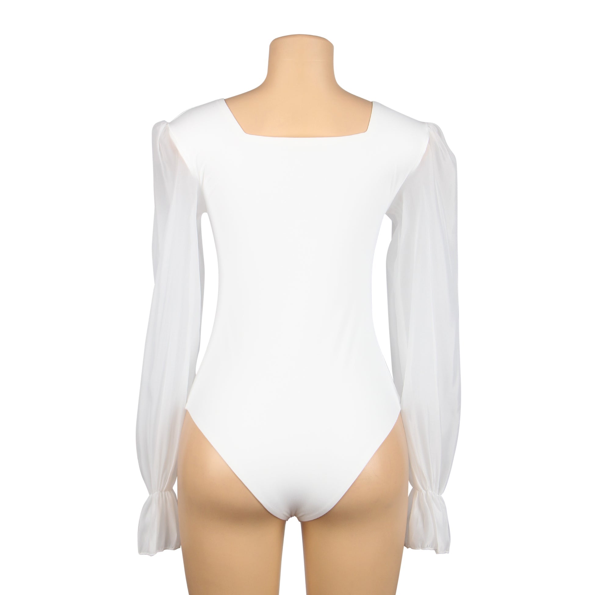 Body blanc sexy en mousseline de soie, manches bouffantes, col carré, entrejambe ouverte, body à col carré et manches bouffantes.