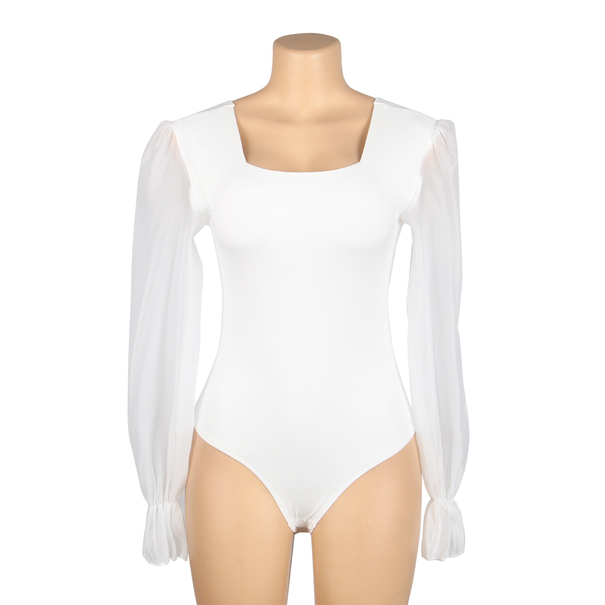 Body blanc sexy en mousseline de soie, manches bouffantes, col carré, entrejambe ouverte, body à col carré et manches bouffantes.