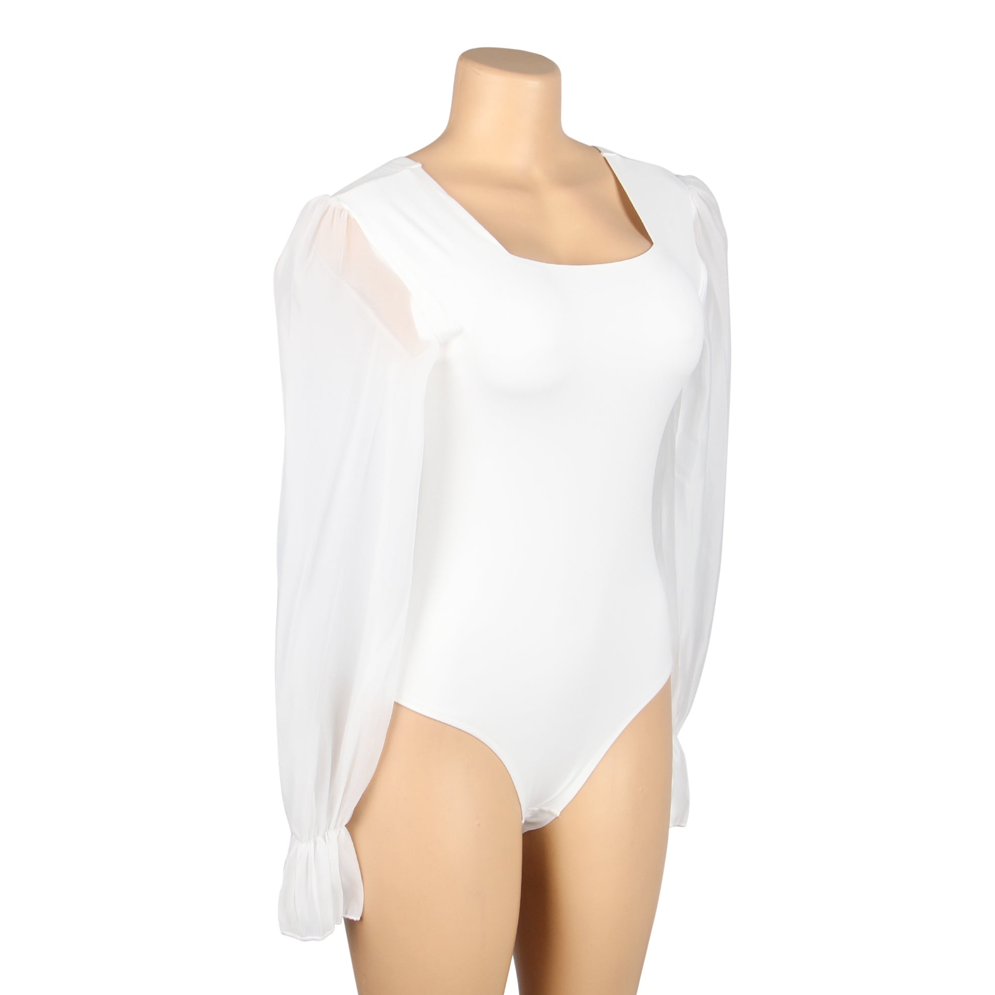 Body blanc sexy en mousseline de soie, manches bouffantes, col carré, entrejambe ouverte, body à col carré et manches bouffantes.
