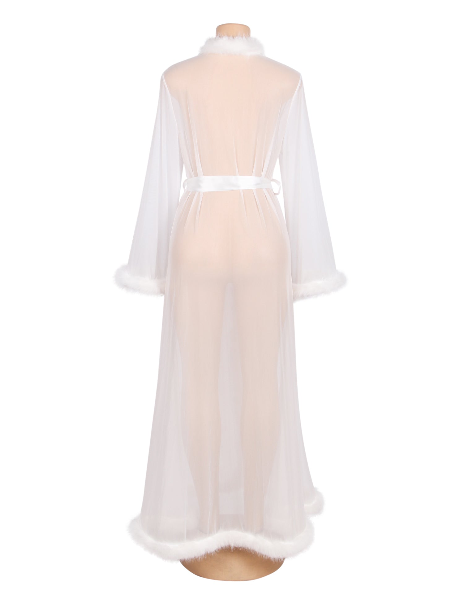 Weißer, sexy langer Morgenmantel aus Mesh mit Imitationspelzbesatz und Gürtel