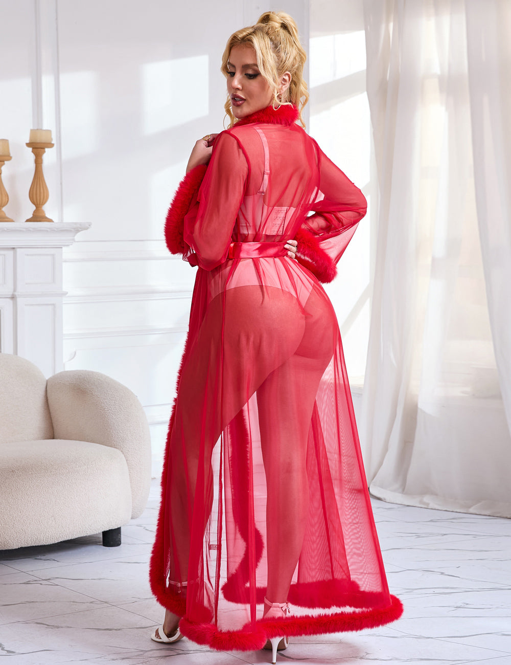 Robe longue rouge sexy en maille imitation vison avec ceinture