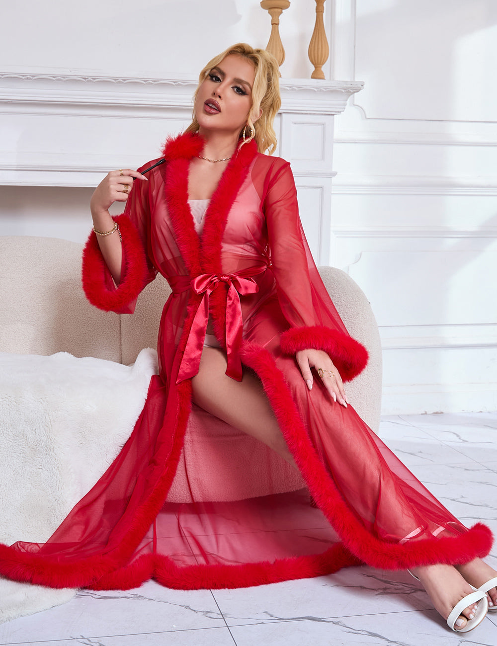 Robe longue rouge sexy en maille imitation vison avec ceinture