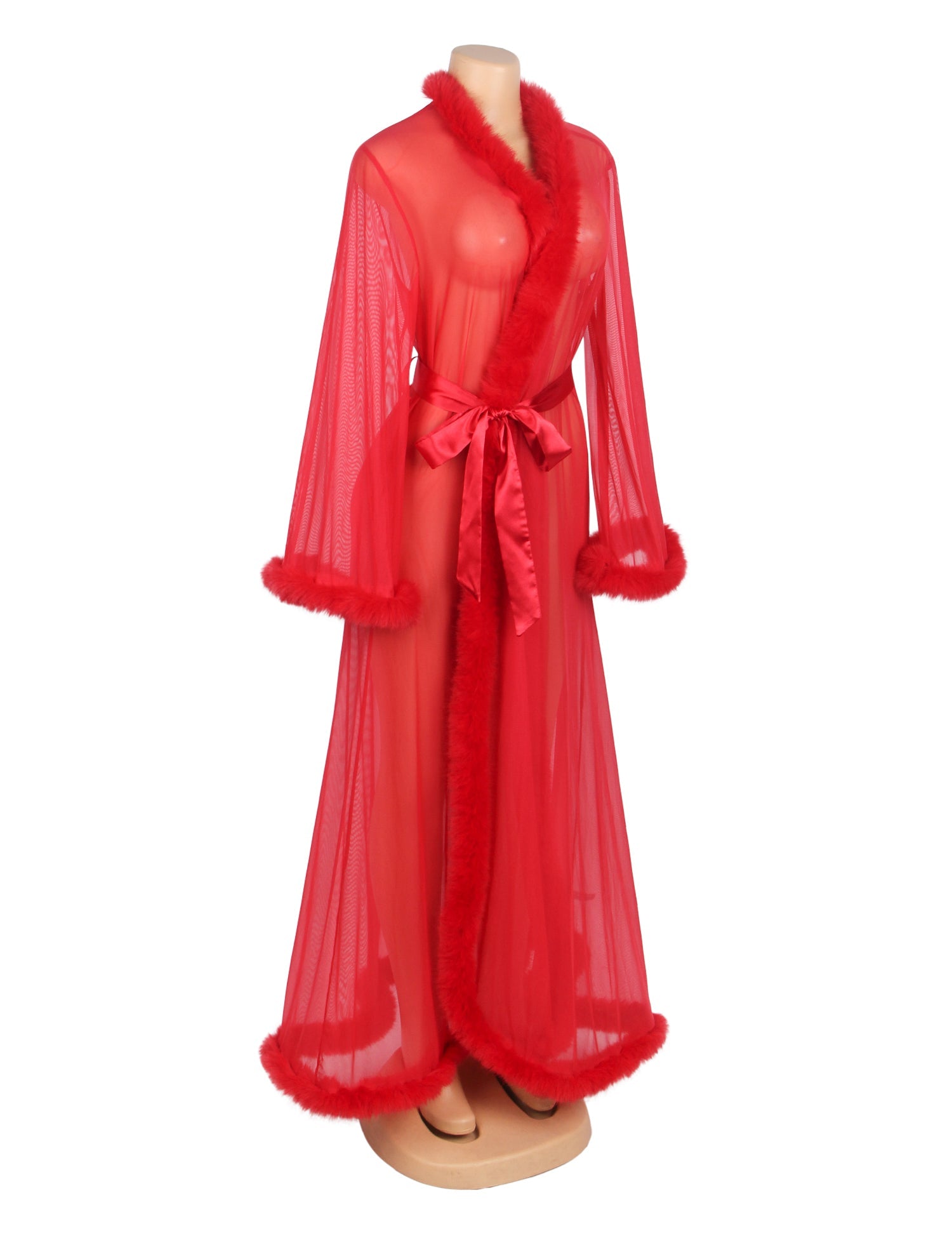 Robe longue rouge sexy en maille imitation vison avec ceinture