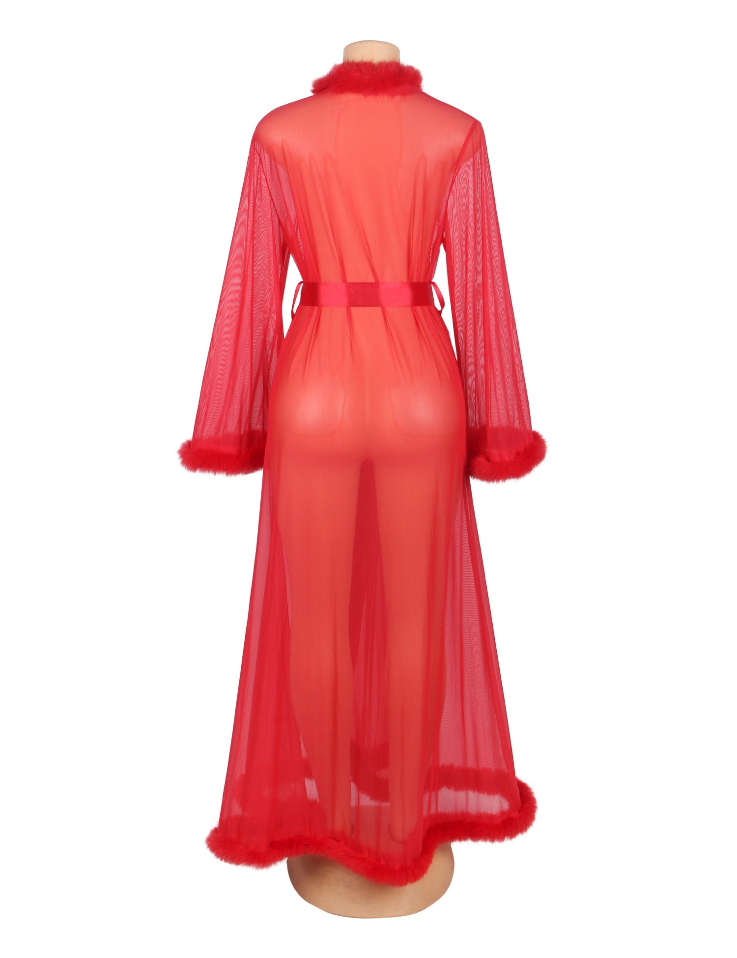 Robe longue rouge sexy en maille imitation vison avec ceinture