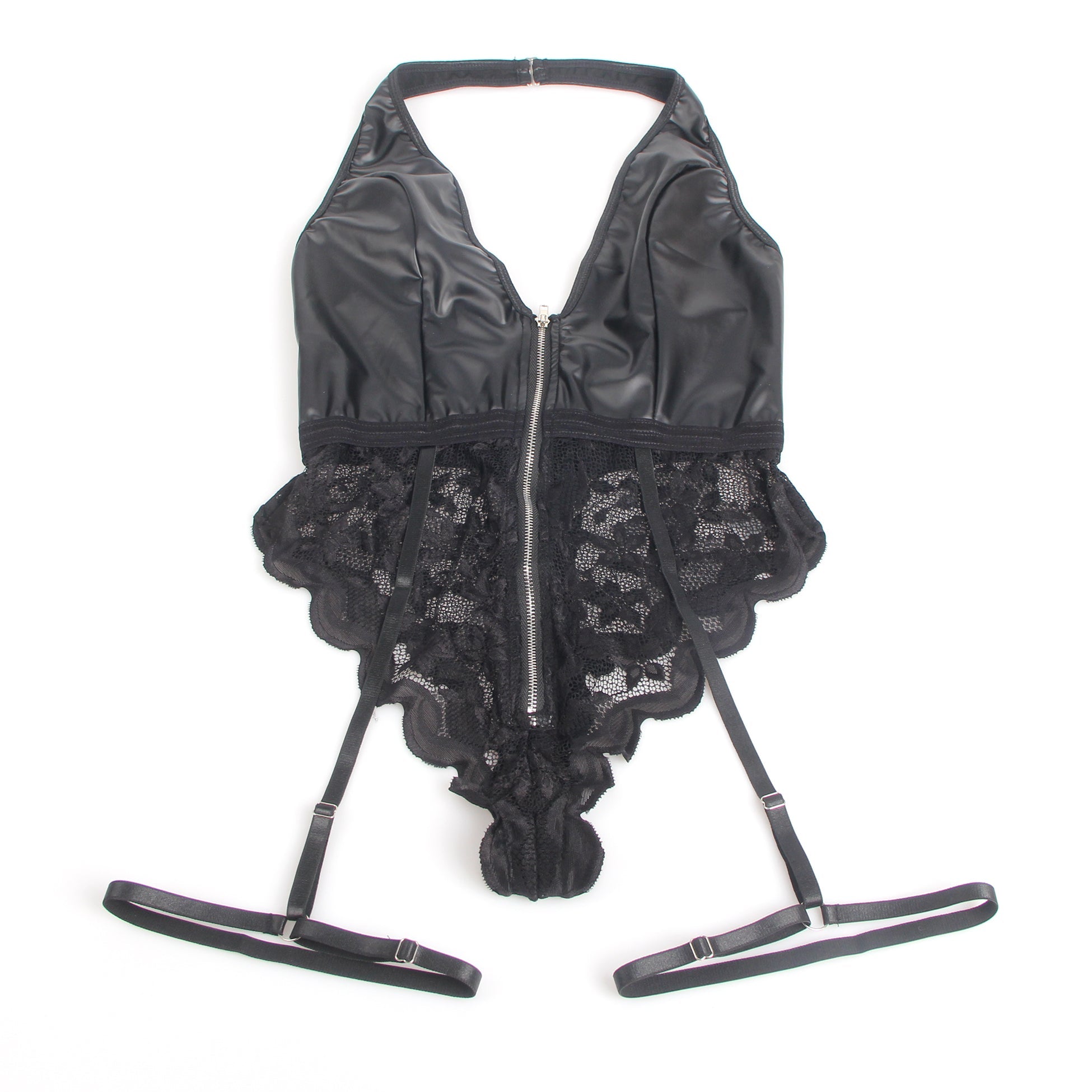 Body noir sexy en cuir PU avec dentelle et fermeture éclair, dos nu