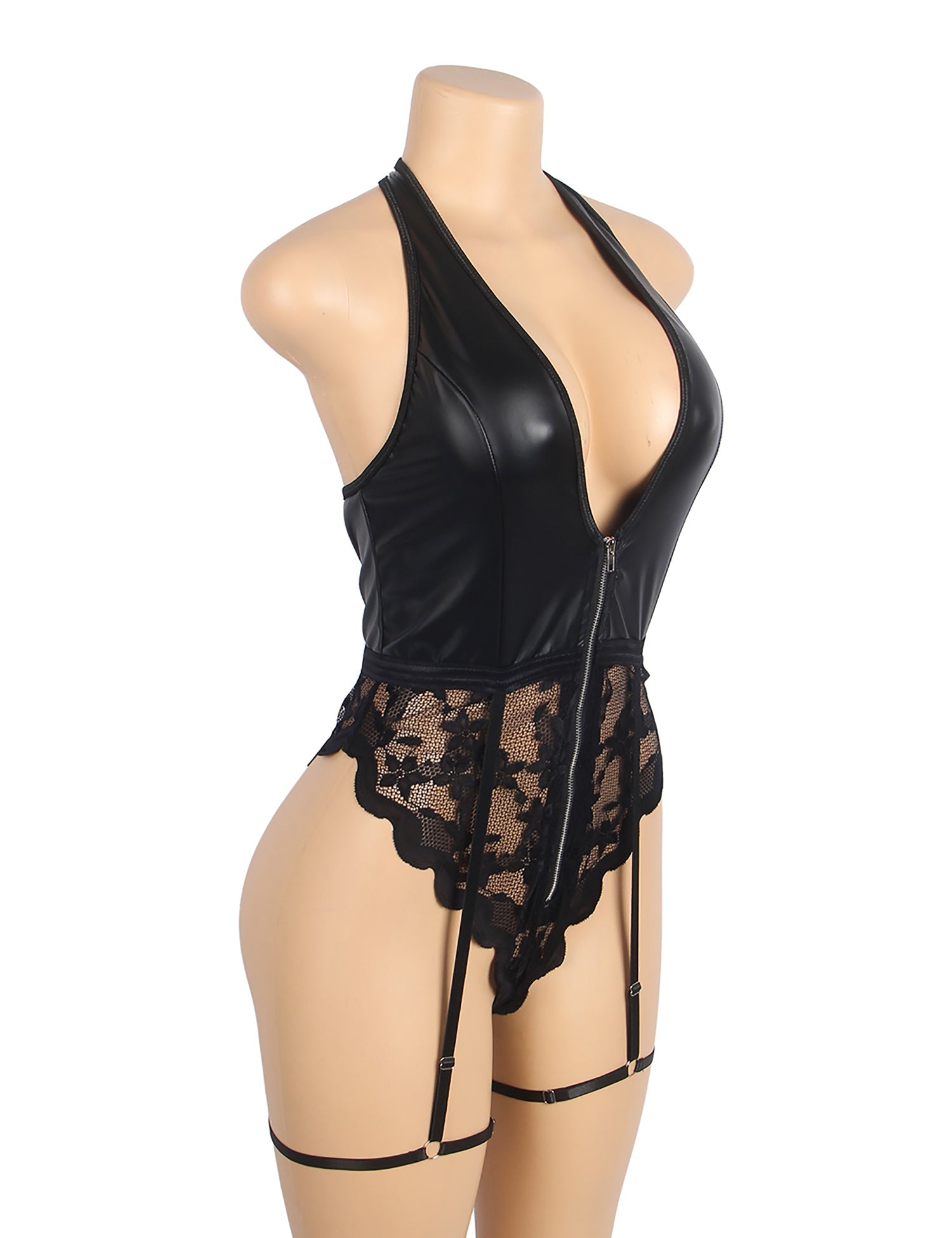 Body noir sexy en cuir PU avec dentelle et fermeture éclair, dos nu