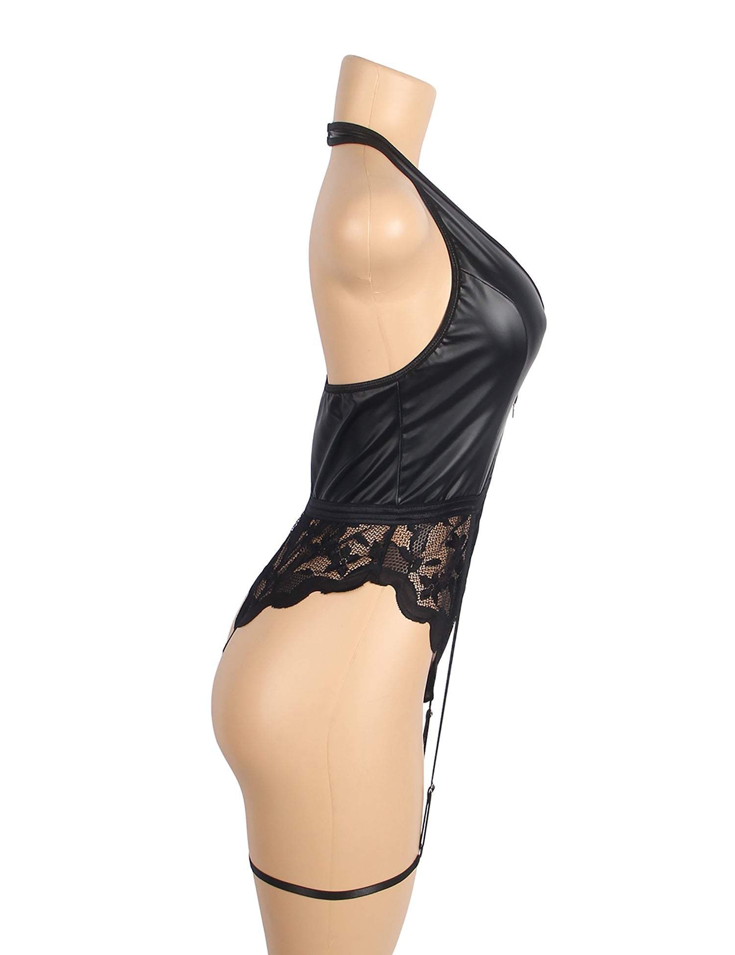 Body noir sexy en cuir PU avec dentelle et fermeture éclair, dos nu